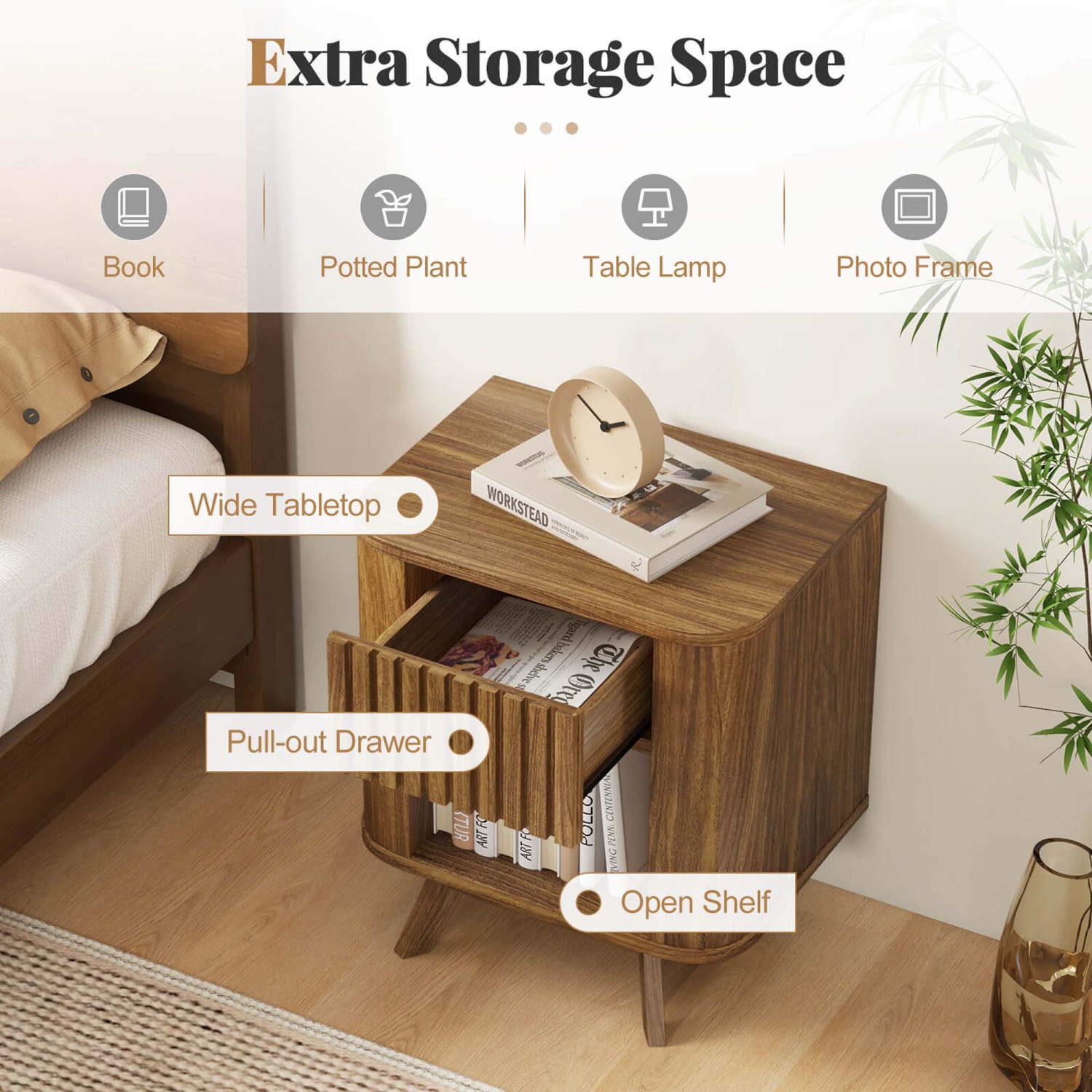 Costway 1/2 PCS Wood Nightstand with Drawer & Open Shelf Storage Home Bedside Table for Bedroom