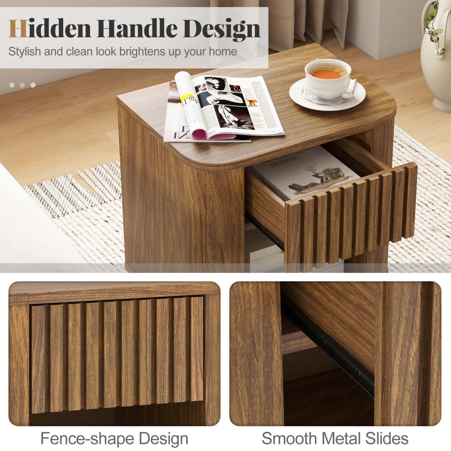 Costway 1/2 PCS Wood Nightstand with Drawer & Open Shelf Storage Home Bedside Table for Bedroom