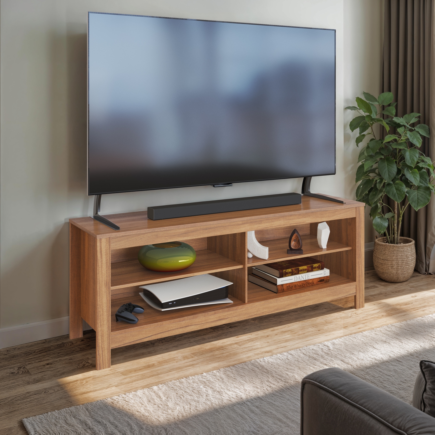 Meuble en bois Norio de Corliving pour téléviseur de 75&nbsp;po et moins avec tablettes de rangement ouvertes, console multimédia moderne pour le