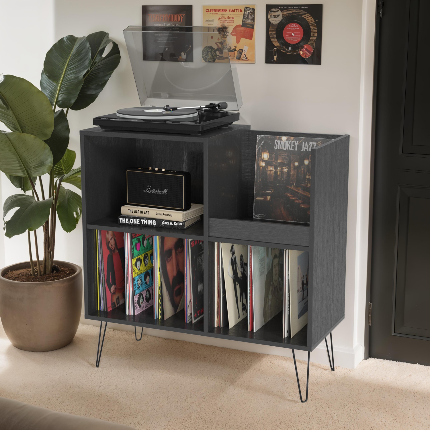 Grand tourne-disque en bois d'ingénierie Vintora de CorLiving avec tablettes ouvertes