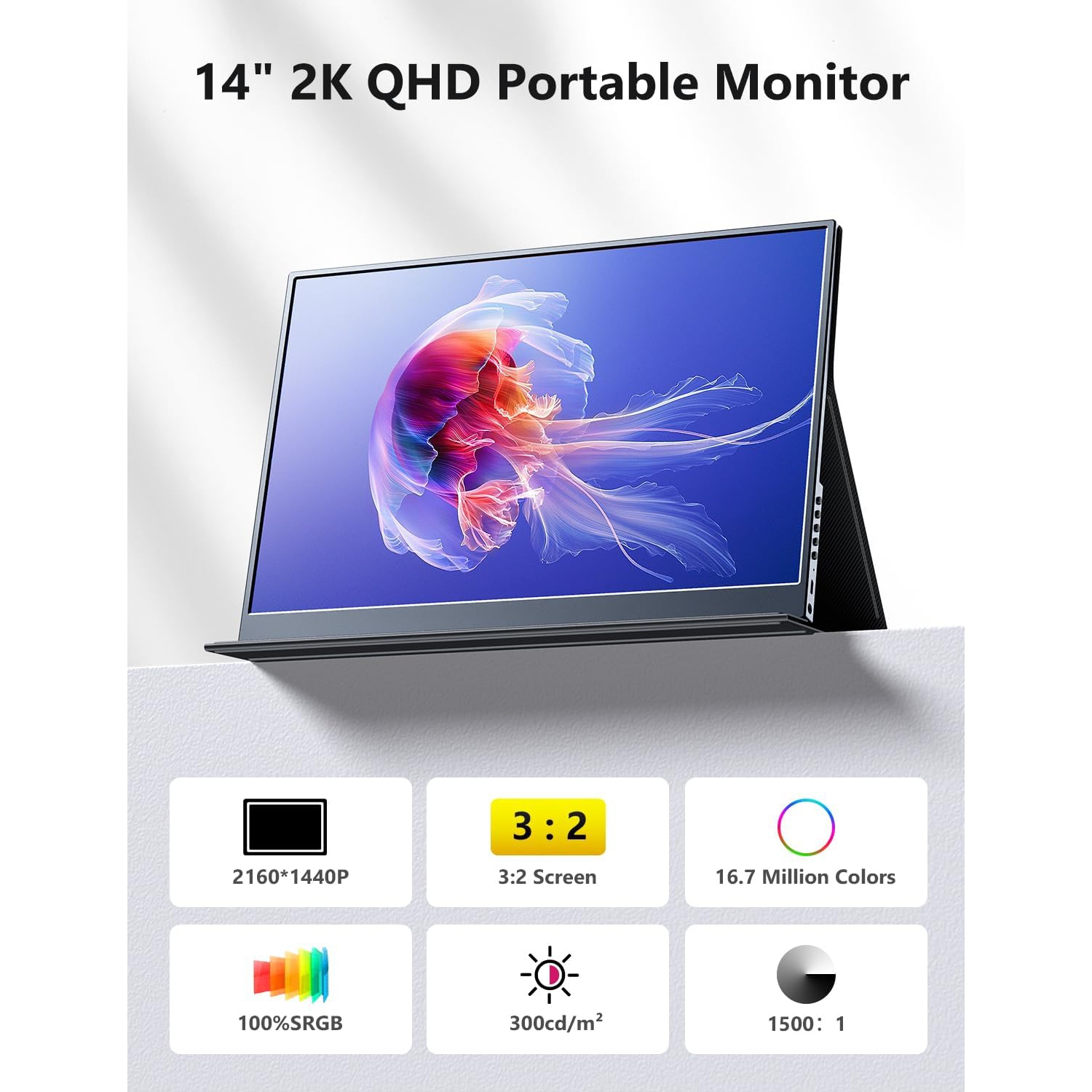 MAGICRAVEN 14" 2K Portable Monitor - 1440p QHD, 3:2 Aspect Ratio, USB-C, HDMI, Built-in Speakers, Travel Monitor for Laptop, PS4/5, PC, Xbox, Switch