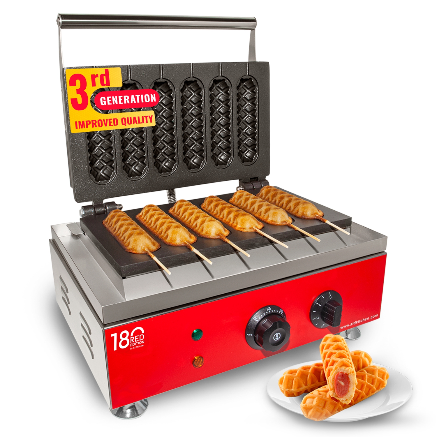 AR-EG6X Hotdog Waffle Maker | Waffle Iron for Corn Dogs | Stainless Steel | 6 Waffles on a Stick | 110V