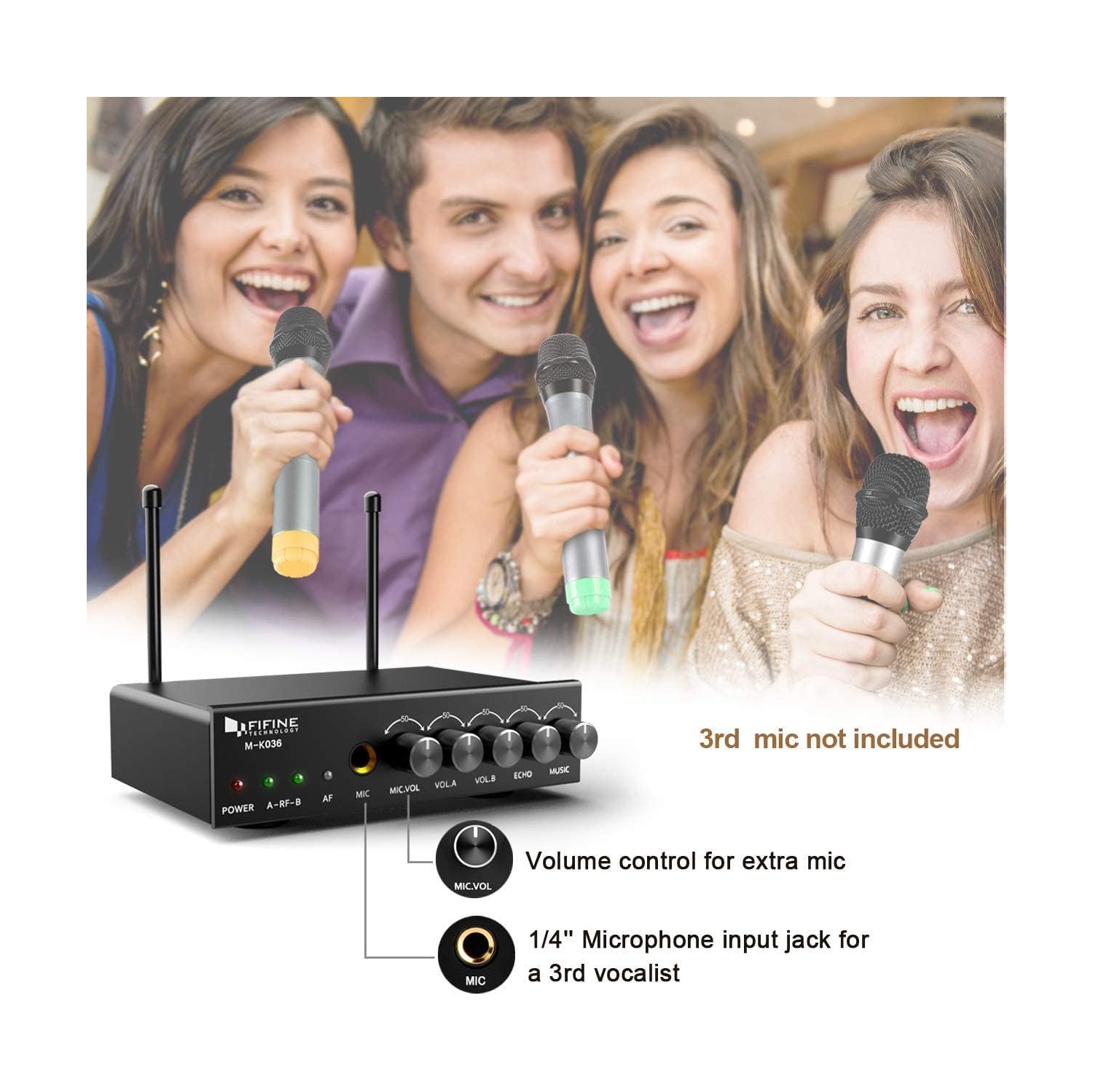 Fifine Wireless Microphone System for Karaoke - Dual UHF Handheld Microphones with UHF Receiver for Home Karaoke, Party, DJ, Wedding, Speech, Singing