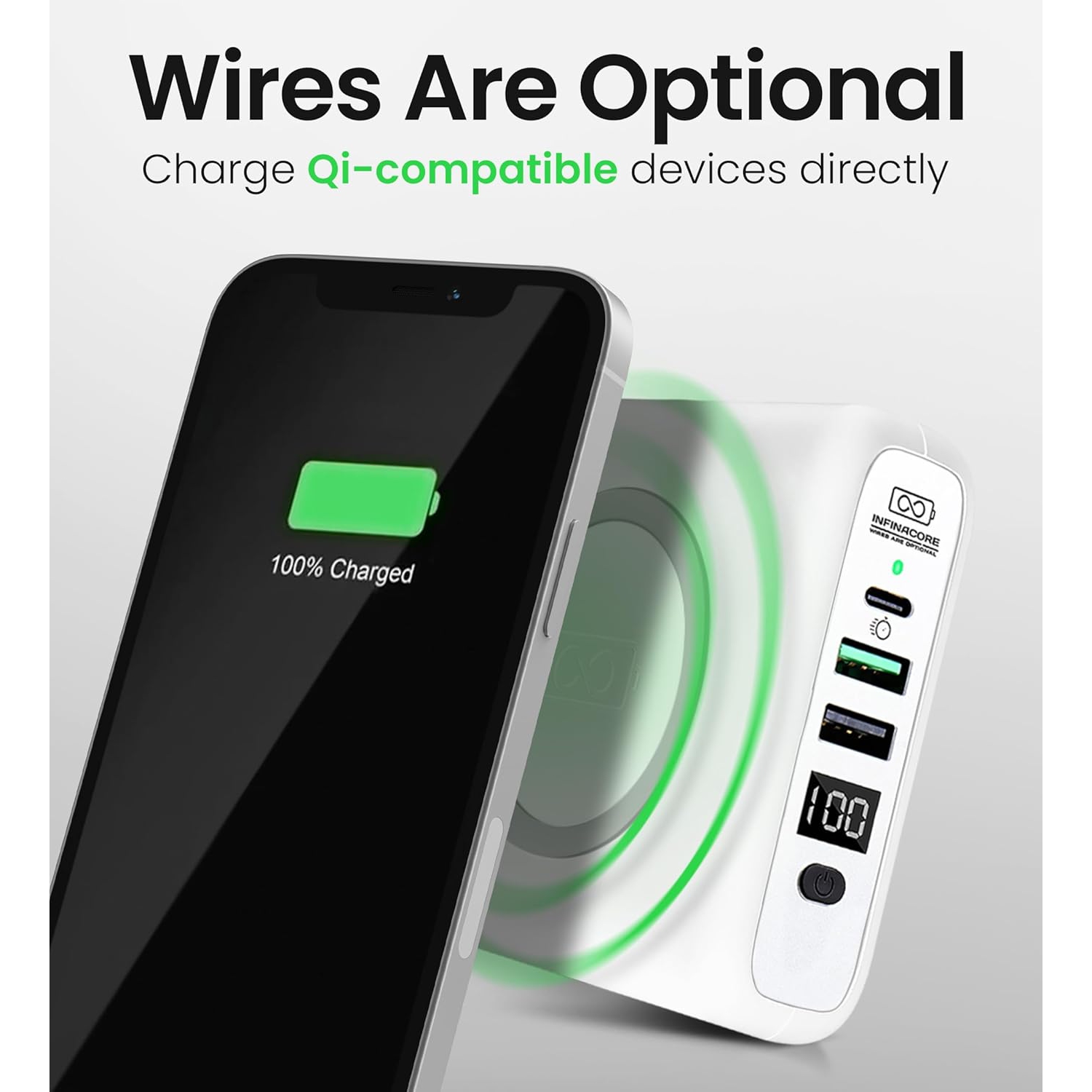 InfinaCore Pandora Portable Power Global Wireless Charger USB-C Wall Charger 8000mAh Power Bank, USB-C PowerDelivery Battery Pack, Fast Charge Phone