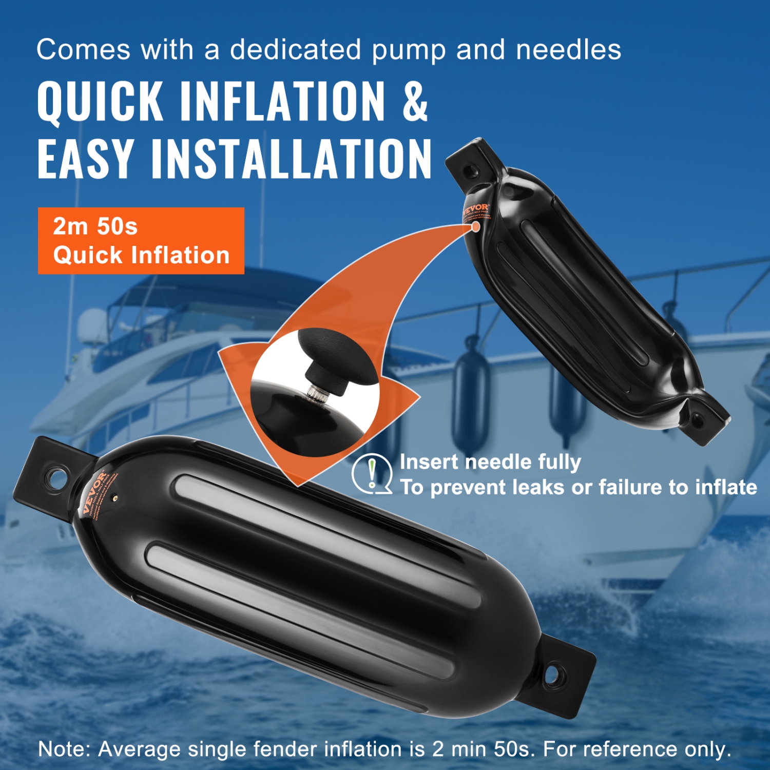 VEVOR 8.5" x 26" Boat Fenders, Boat Bumpers for Docking, Inflatable Ribbed Fender with Center Holes, Marine Boat Dock Fender Bumper with Air Pump, 4