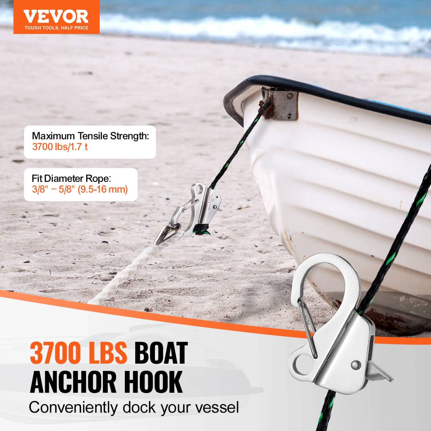 VEVOR 304 Boat Anchor Hook, Stainless Steel Slide Anchor, Knotless Anchor System with Quick Release, Boat Anchor Hook Clips for 3/8" - 5/8" Boat