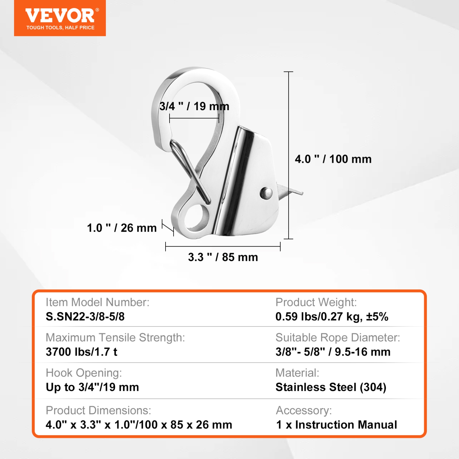 VEVOR 304 Boat Anchor Hook, Stainless Steel Slide Anchor, Knotless Anchor System with Quick Release, Boat Anchor Hook Clips for 3/8" - 5/8" Boat