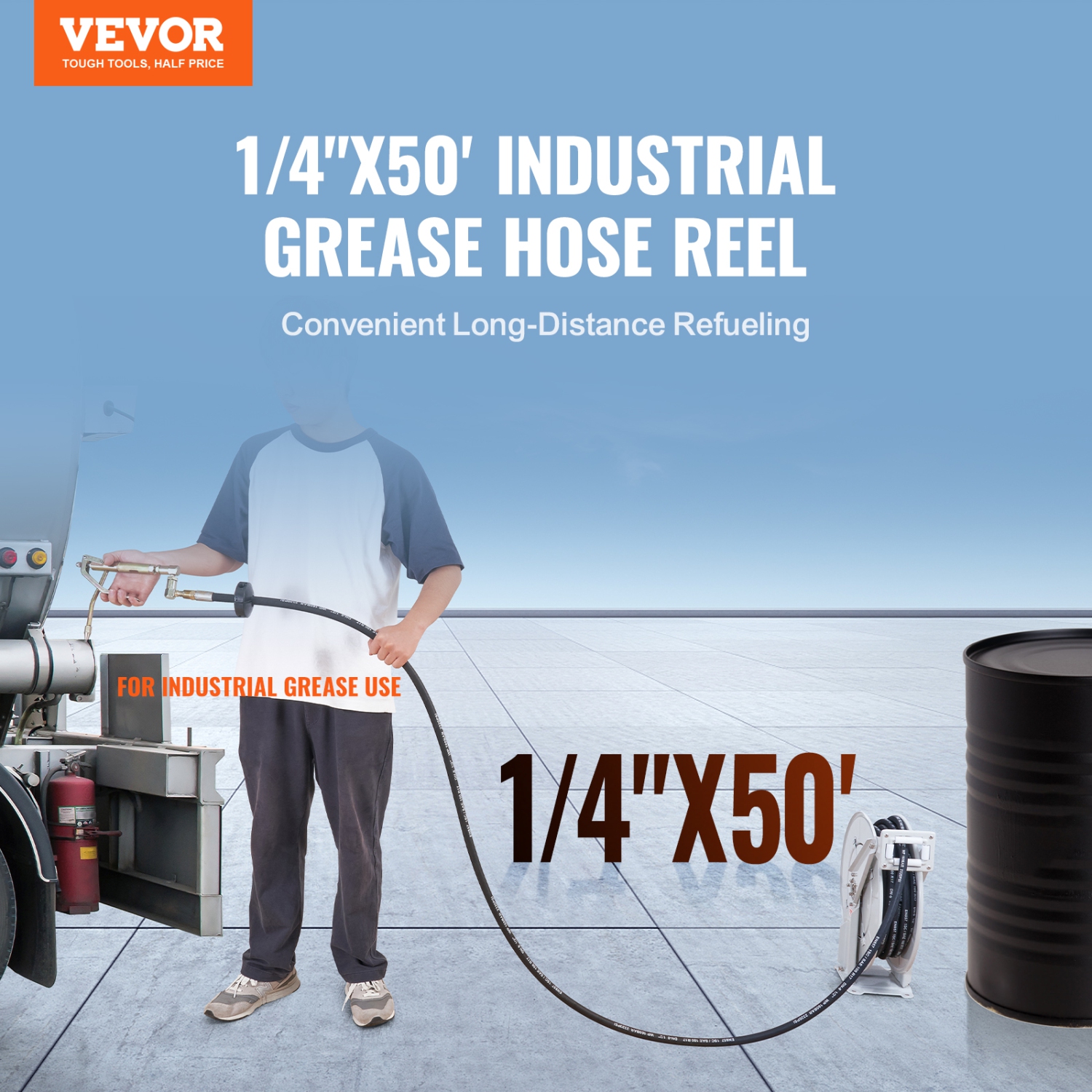 VEVOR 1/4" x 50' Fuel Hose Reel, Extra Long Retractable Grease Hose Reel, Spring Driven Auto Swivel Rewind, Heavy-Duty Carbon Steel Construction with