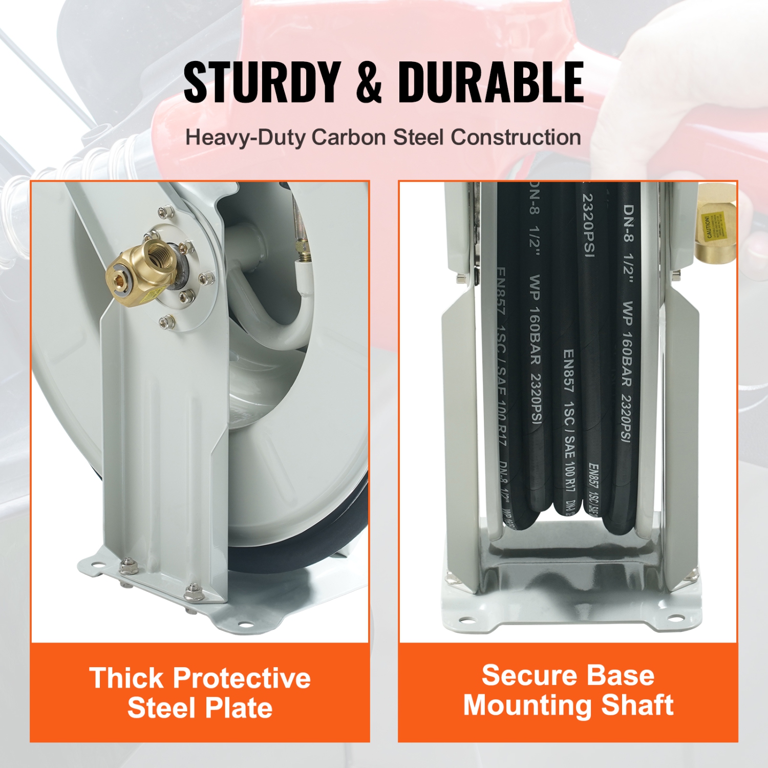 VEVOR 1/4" x 50' Fuel Hose Reel, Extra Long Retractable Grease Hose Reel, Spring Driven Auto Swivel Rewind, Heavy-Duty Carbon Steel Construction with