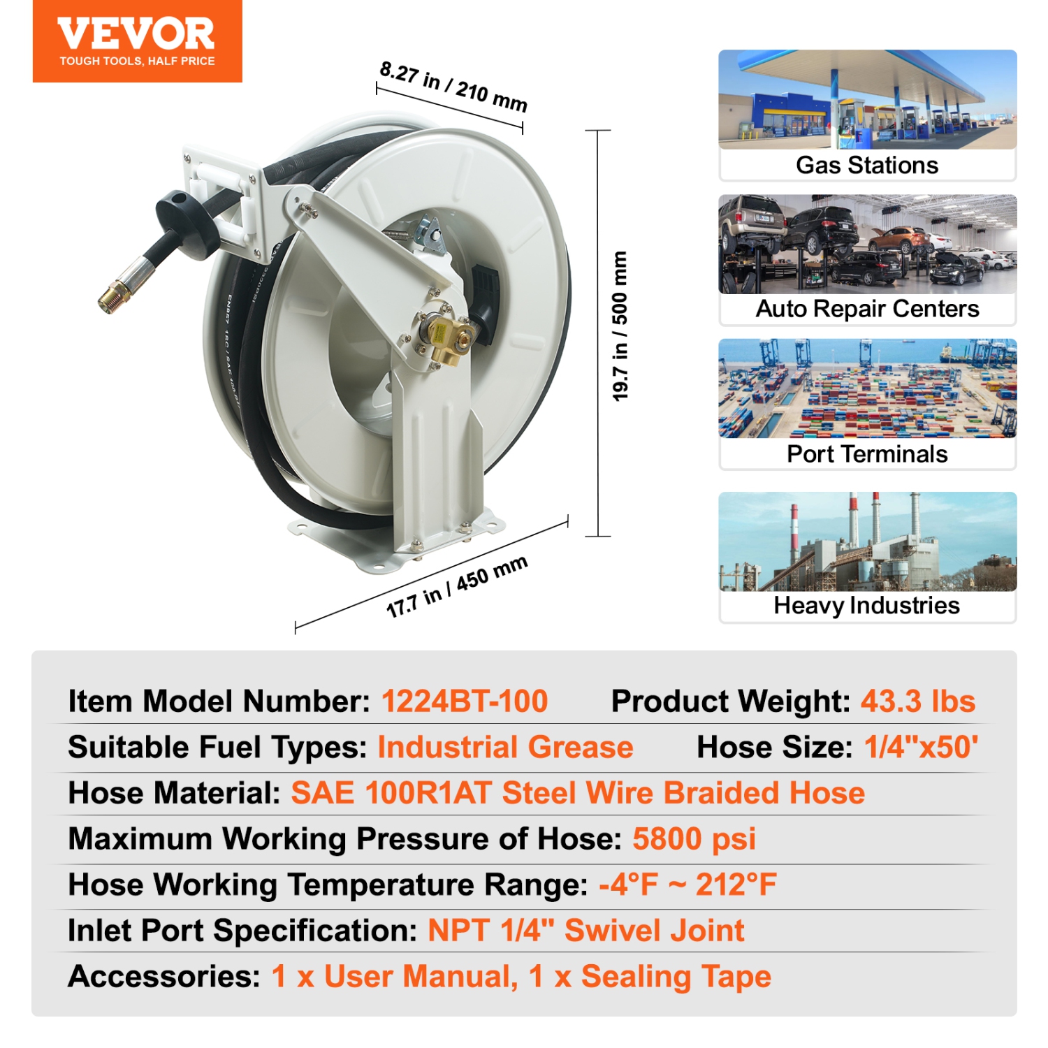 VEVOR 1/4" x 50' Fuel Hose Reel, Extra Long Retractable Grease Hose Reel, Spring Driven Auto Swivel Rewind, Heavy-Duty Carbon Steel Construction with