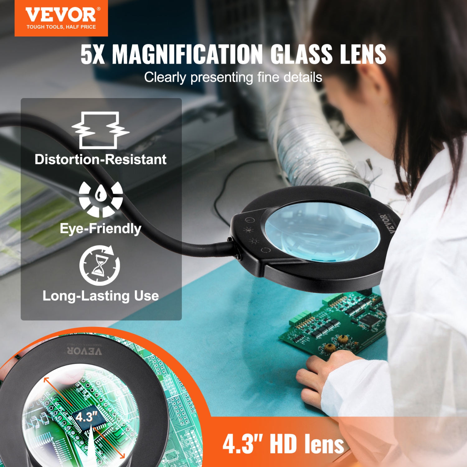 VEVOR 3-in-1 Magnifying Floor Lamp, 5X Standing Magnifying Glass with Light, Height Adjustable Floor Magnifier with Light, Flexible Gooseneck, LED 5