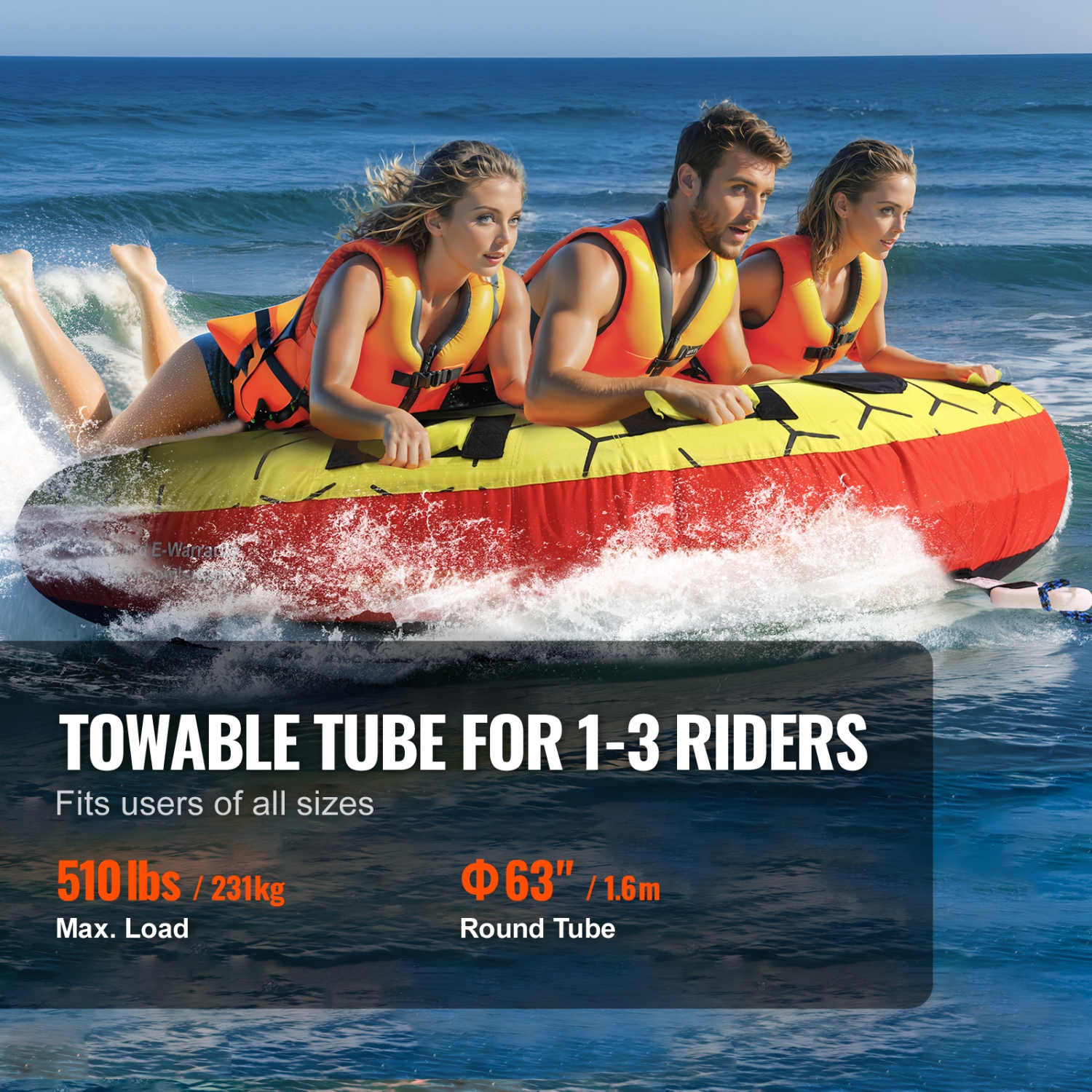 VEVOR 63" Towable Tube for Boating, 1-3 Riders Inflatable Boat Tubes and Towables, 510 lbs, Round Water Sport Towable Tubes for Boats to Pull, Full