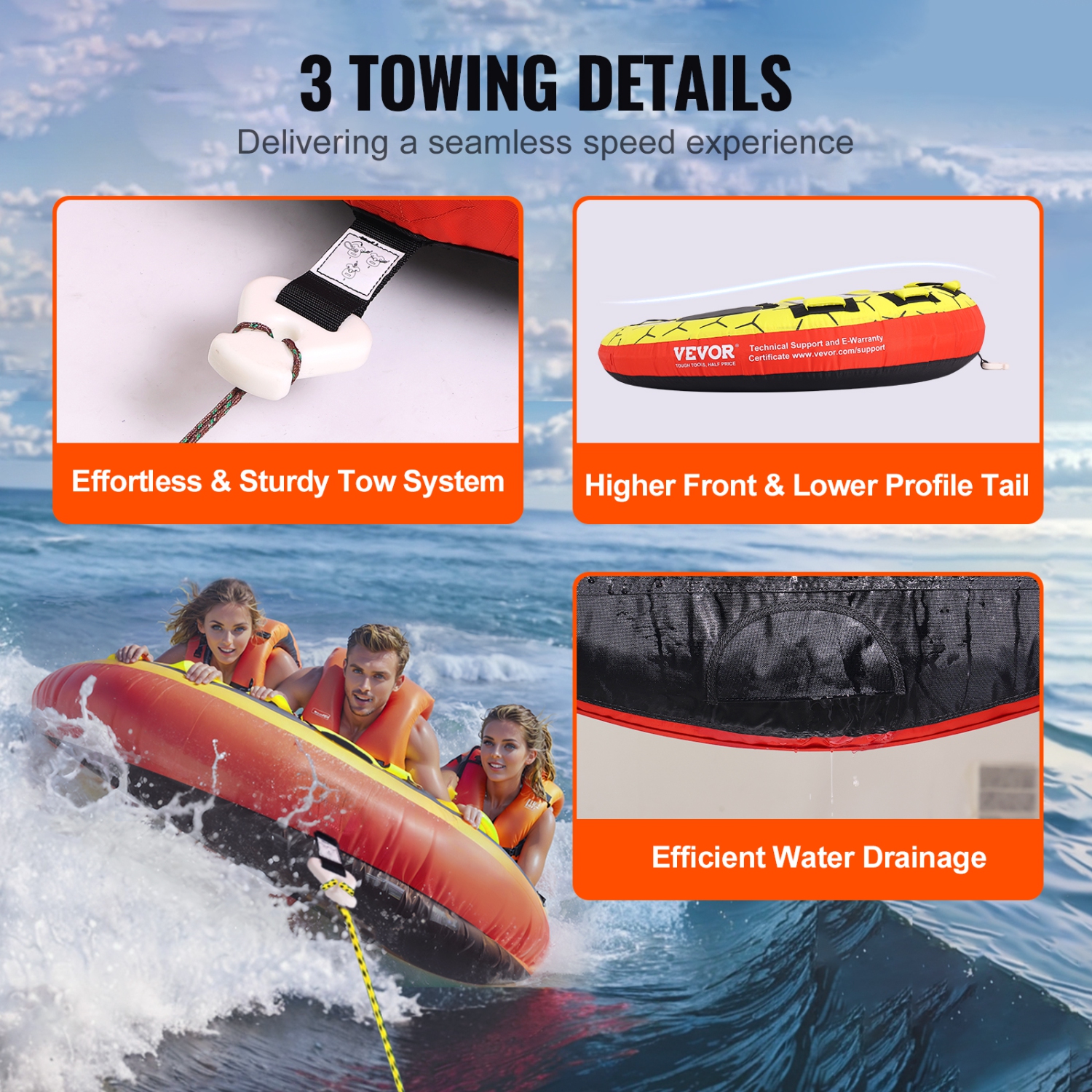 VEVOR 63" Towable Tube for Boating, 1-3 Riders Inflatable Boat Tubes and Towables, 510 lbs, Round Water Sport Towable Tubes for Boats to Pull, Full