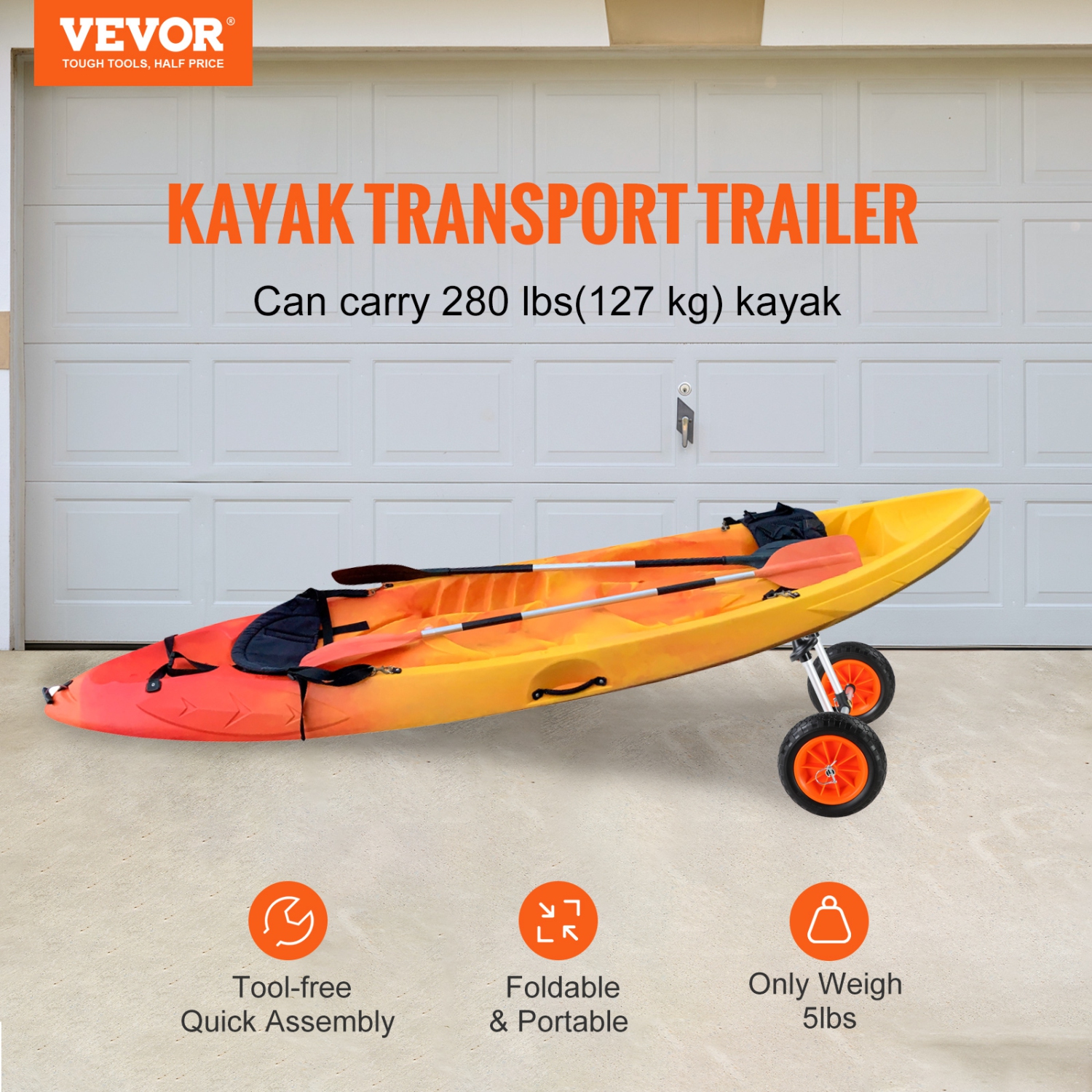 VEVOR 280lbs Load Capacity Kayak Cart, Detachable Canoe Trolley Cart with 10'' Solid Tires, Adjustable Width & Top Foam Protection, for Kayaks with