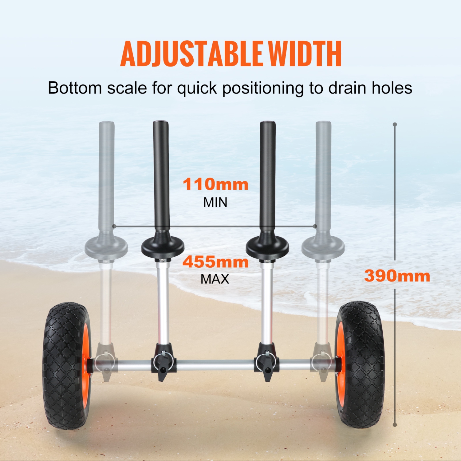 VEVOR 280lbs Load Capacity Kayak Cart, Detachable Canoe Trolley Cart with 10'' Solid Tires, Adjustable Width & Top Foam Protection, for Kayaks with