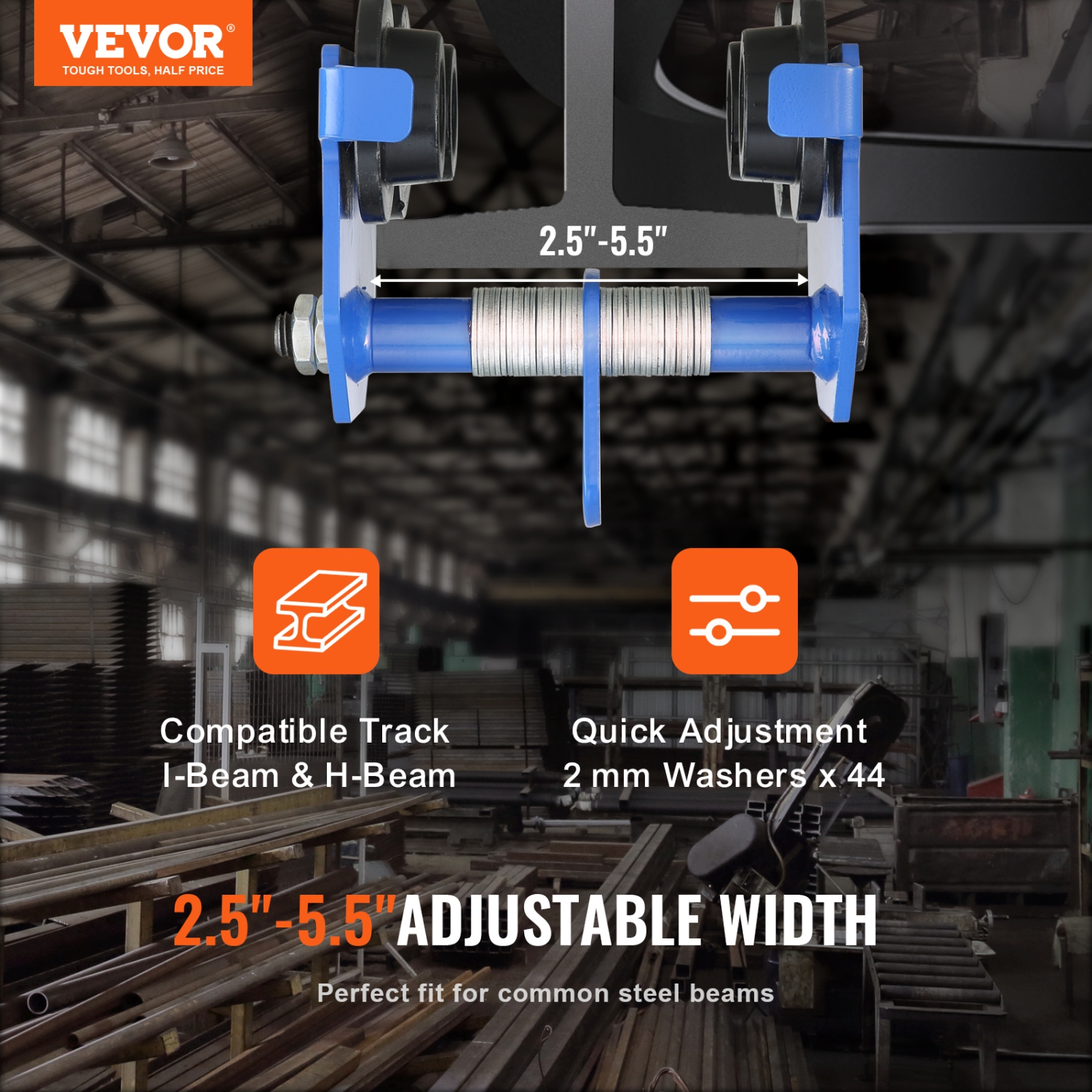 VEVOR 1100 lbs/0.5 Ton Manual Trolley, Push Beam Trolley with Dual Wheels, Adjustable for I-Beam Flange Width 2.5" to 5.5", Heavy Duty Alloy Steel