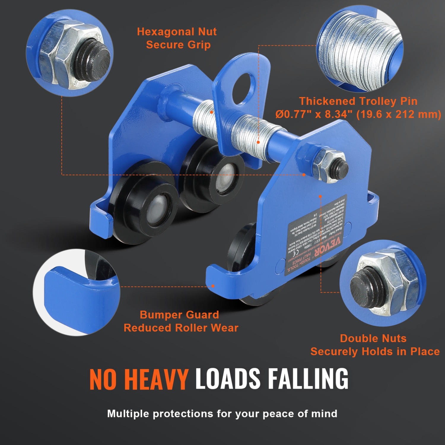 VEVOR 1100 lbs/0.5 Ton Manual Trolley, Push Beam Trolley with Dual Wheels, Adjustable for I-Beam Flange Width 2.5" to 5.5", Heavy Duty Alloy Steel