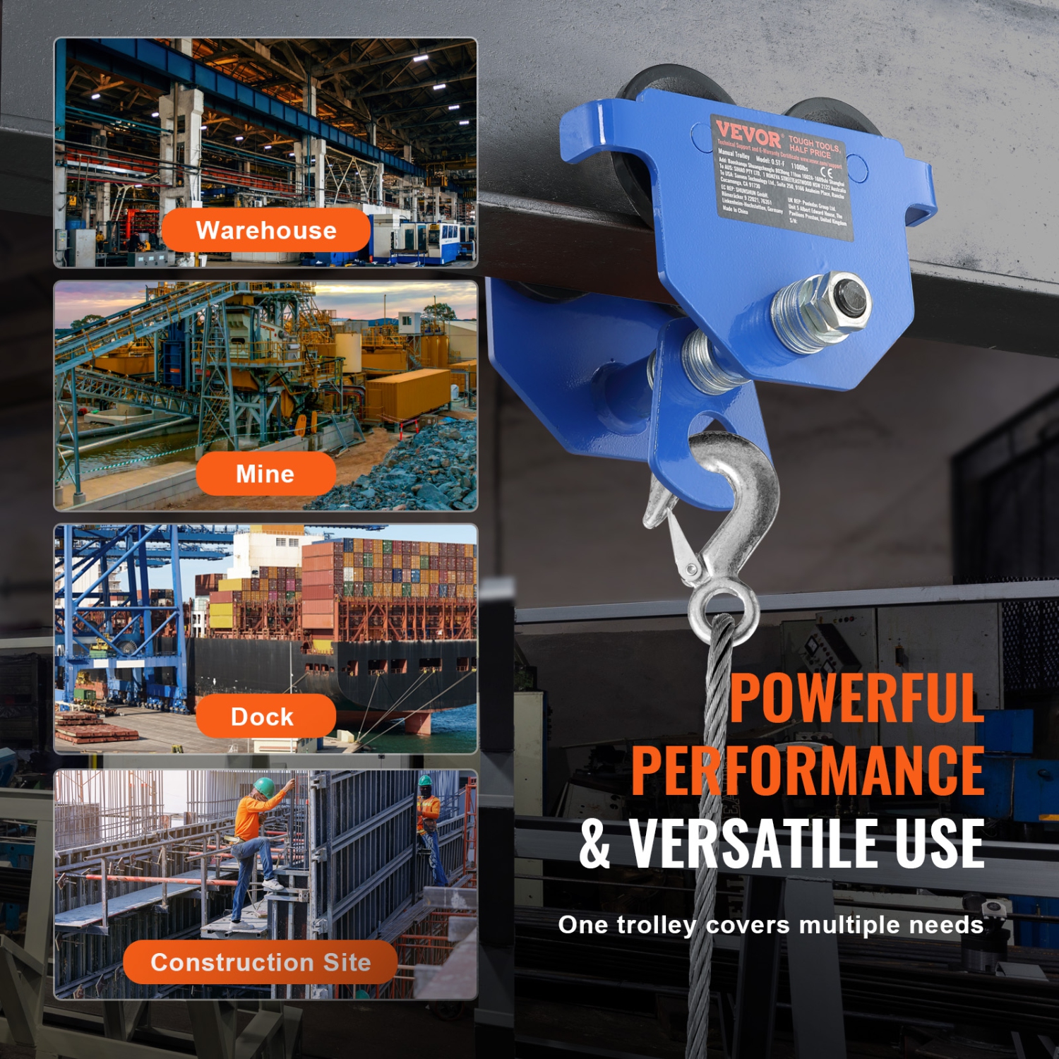 VEVOR 1100 lbs/0.5 Ton Manual Trolley, Push Beam Trolley with Dual Wheels, Adjustable for I-Beam Flange Width 2.5" to 5.5", Heavy Duty Alloy Steel