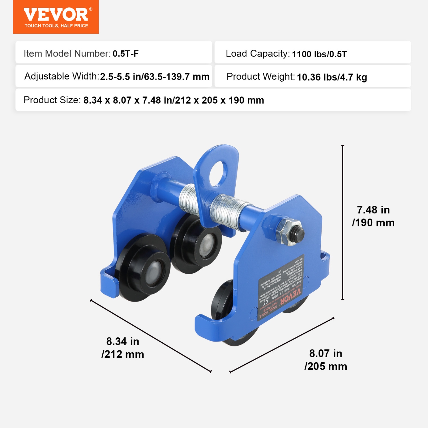 VEVOR 1100 lbs/0.5 Ton Manual Trolley, Push Beam Trolley with Dual Wheels, Adjustable for I-Beam Flange Width 2.5" to 5.5", Heavy Duty Alloy Steel