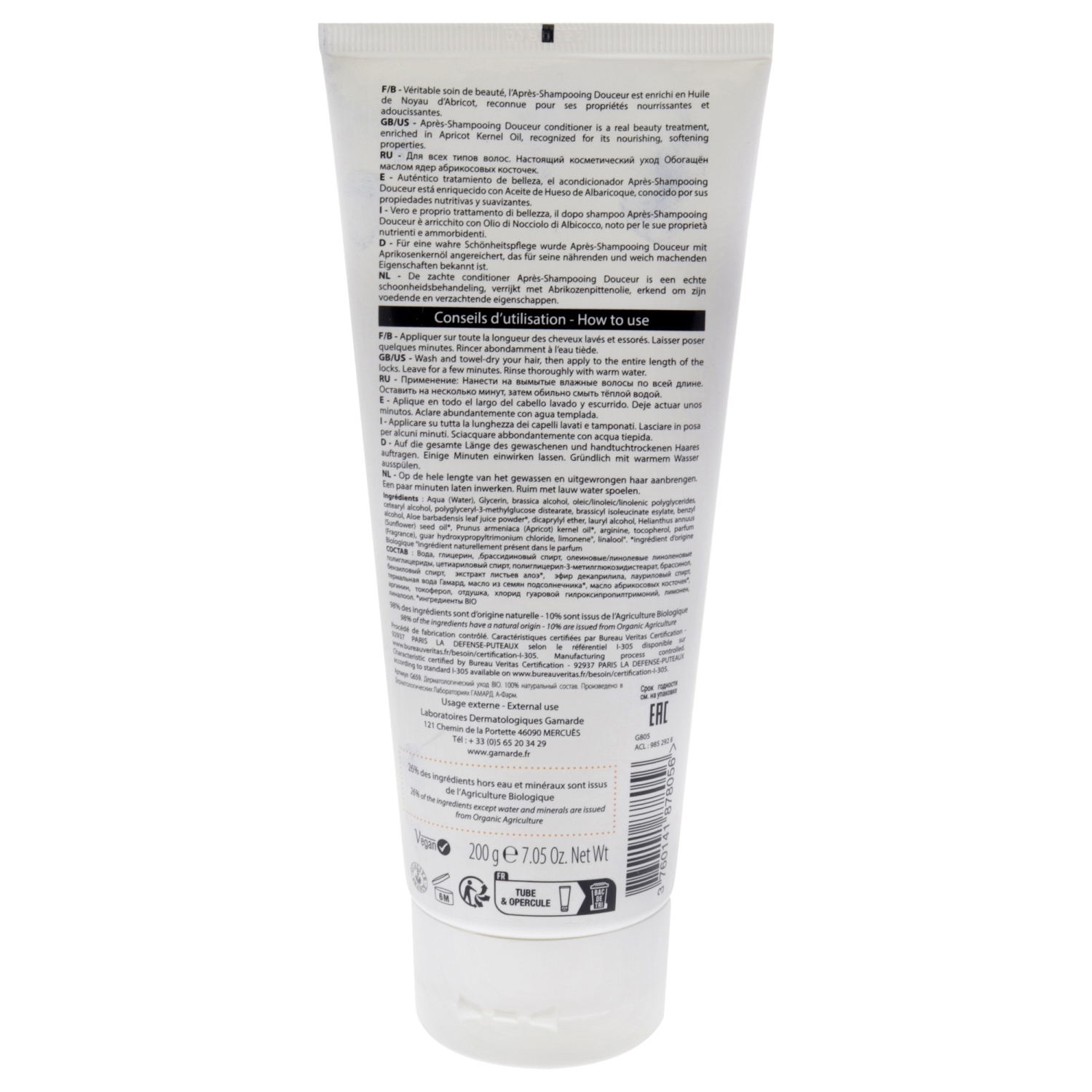 Revitalisant doux pour le noyau d'abricot - Tous les types de cheveux par Gamarde pour unisexe - Revitalisant 7,05 oz