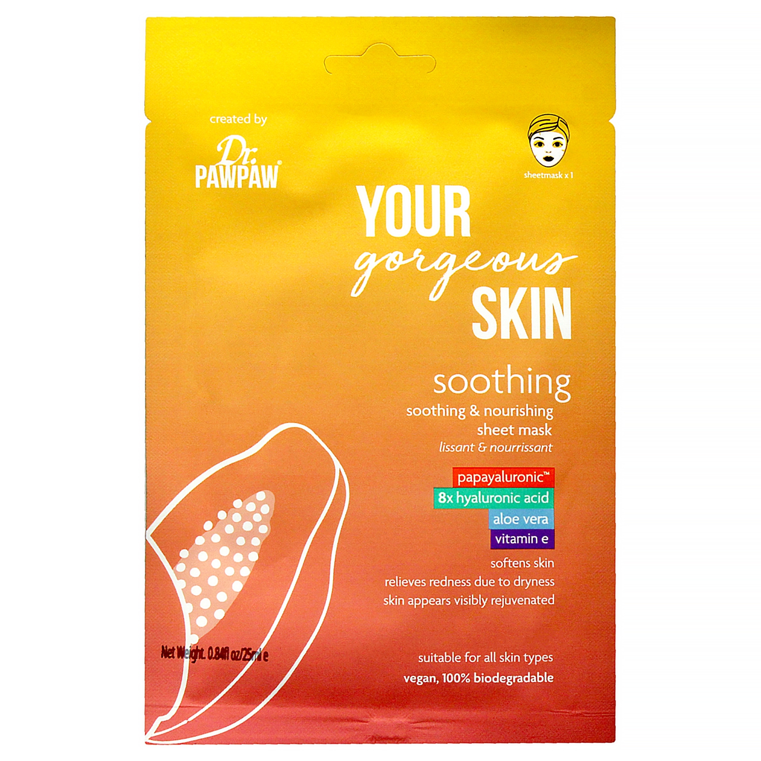 Your Gorgeous Skin Soothing Sheet Mask by Dr. PawPaw for Unisex - 0.84 oz Mask