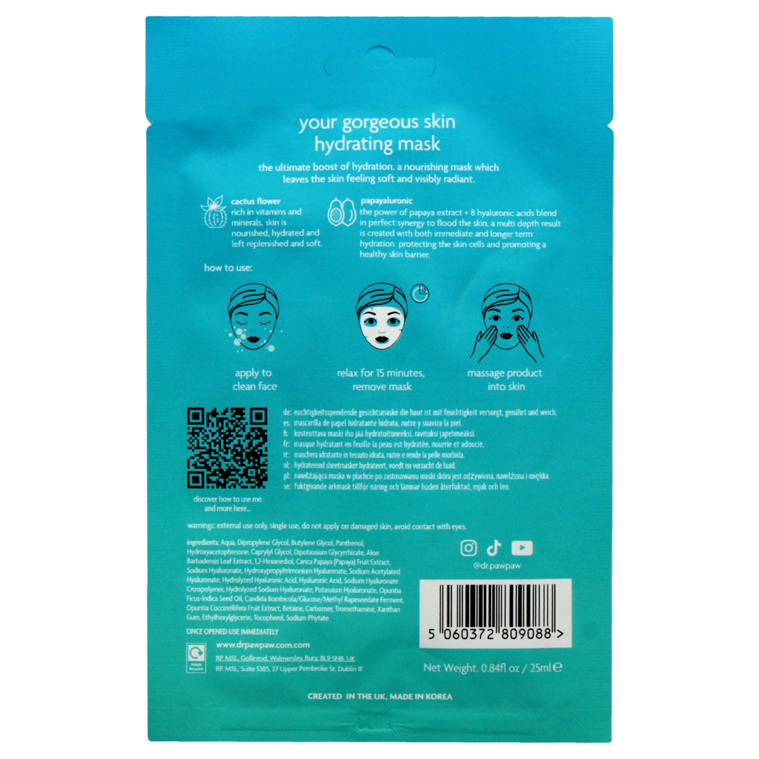Your Gorgeous Skin Hydrating Sheet Mask by Dr. PawPaw for Unisex - 0.84 oz Mask