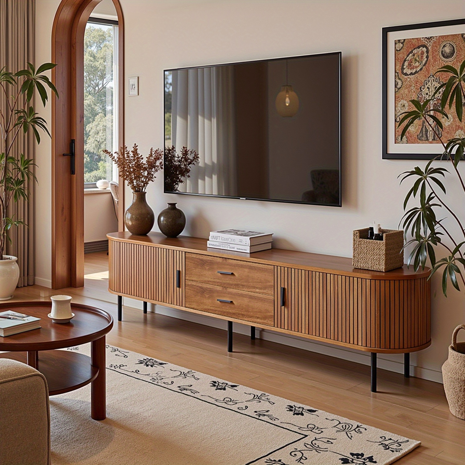 Lantine 70" Mid-Century Modern TV Stand with Sliding Tambour Door, Fluted Entertainment Center, Drawers and Adjustable Shelves, Walnut Wooden Media