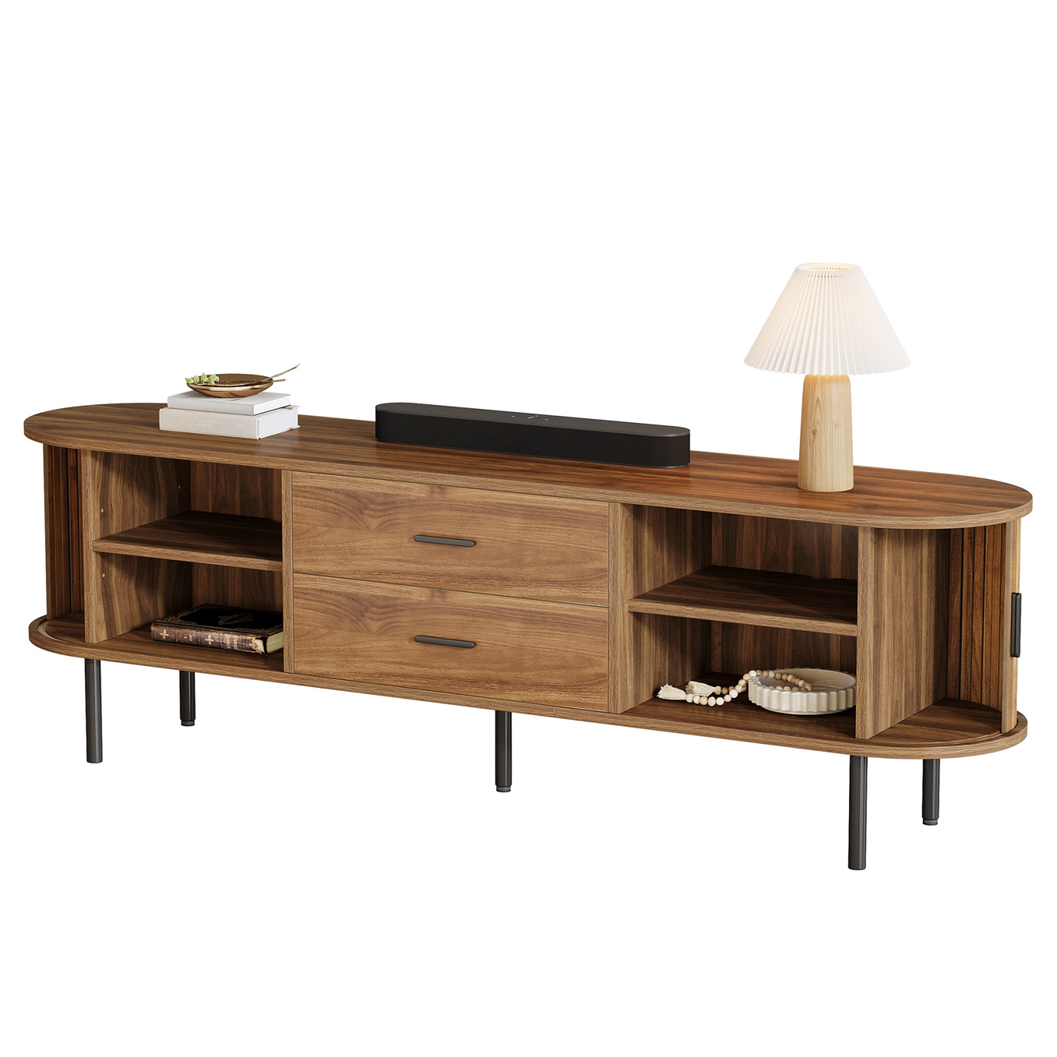 Lantine 70" Mid-Century Modern TV Stand with Sliding Tambour Door, Fluted Entertainment Center, Drawers and Adjustable Shelves, Walnut Wooden Media