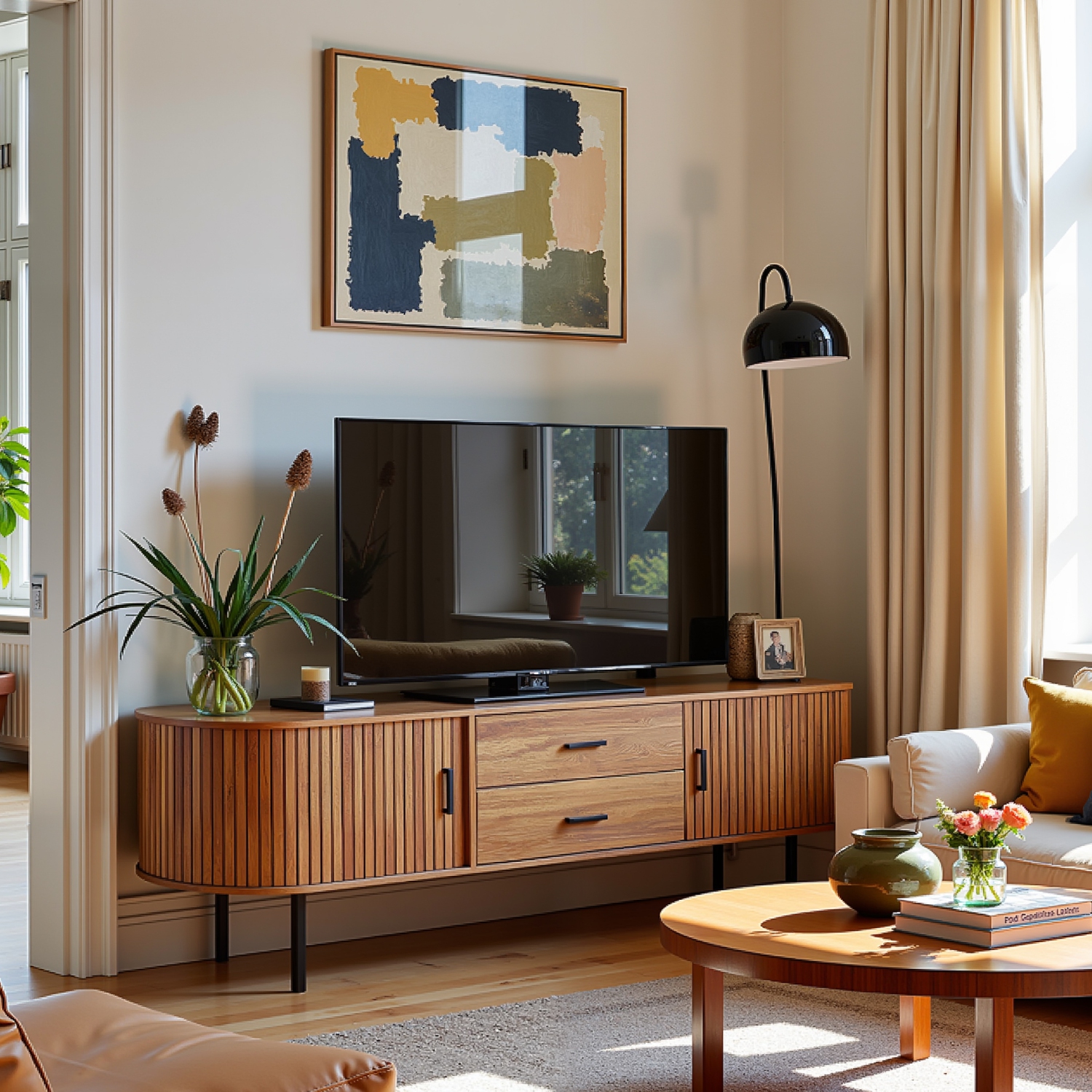 Lantine 70" Mid-Century Modern TV Stand with Sliding Tambour Door, Fluted Entertainment Center, Drawers and Adjustable Shelves, Walnut Wooden Media