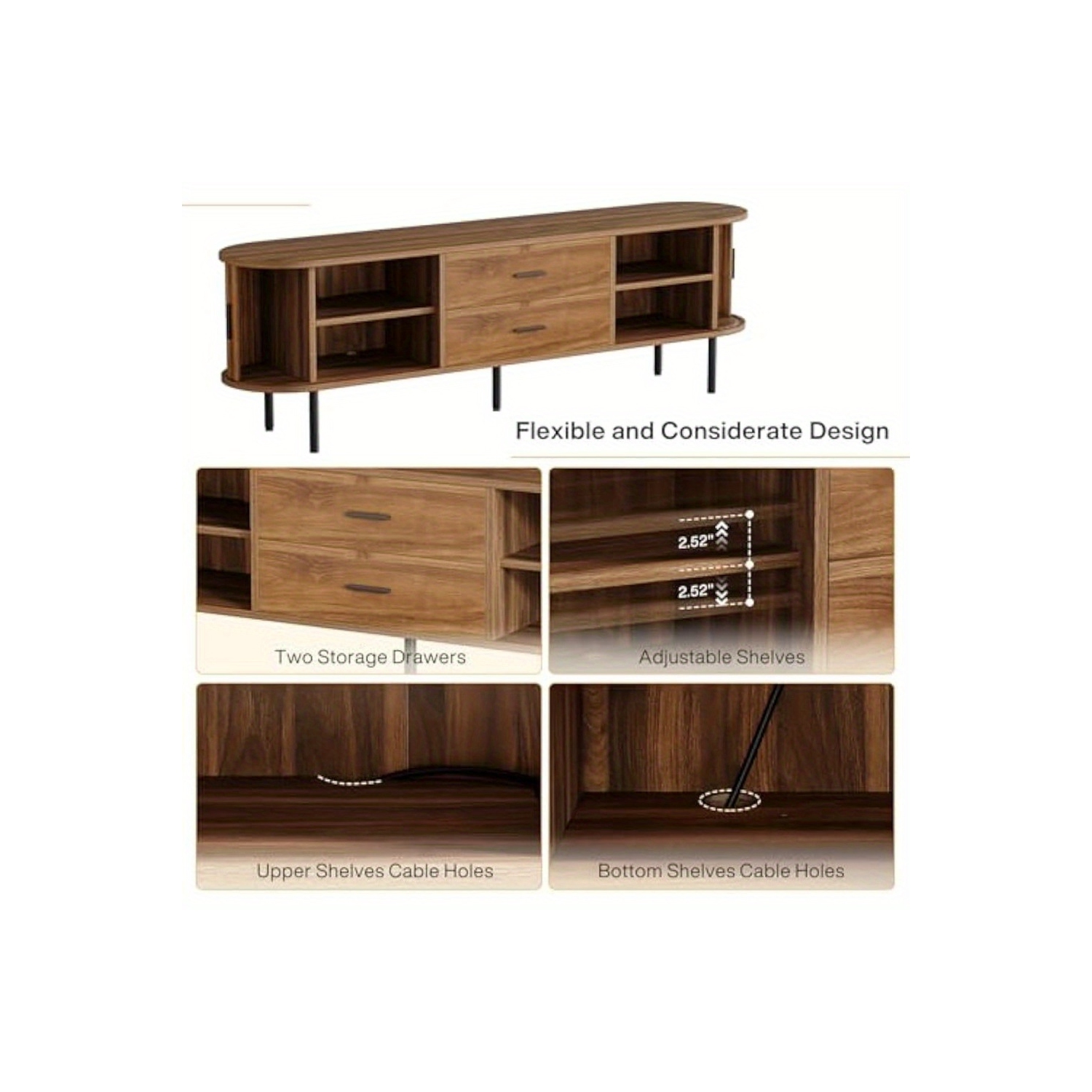 Lantine 70" Mid-Century Modern TV Stand with Sliding Tambour Door, Fluted Entertainment Center, Drawers and Adjustable Shelves, Walnut Wooden Media