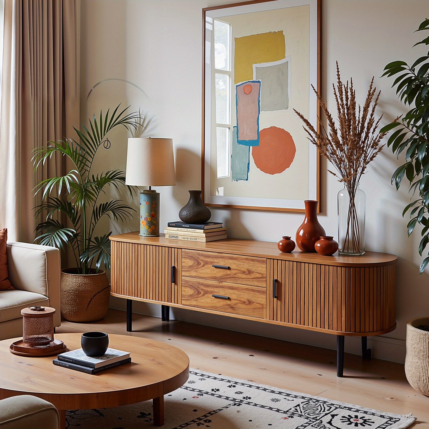 Lantine 70" Mid-Century Modern TV Stand with Sliding Tambour Door, Fluted Entertainment Center, Drawers and Adjustable Shelves, Walnut Wooden Media