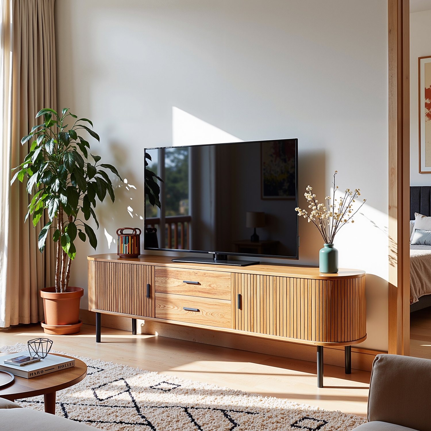 Lantine 70" Mid-Century Modern TV Stand with Sliding Tambour Door, Fluted Entertainment Center, Drawers and Adjustable Shelves, Walnut Wooden Media