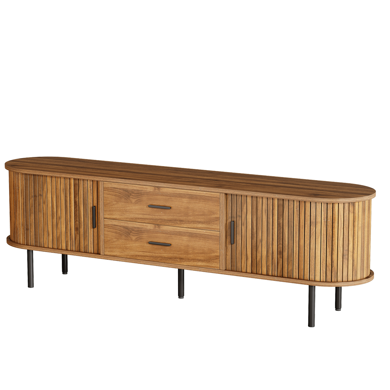 Lantine 70" Mid-Century Modern TV Stand with Sliding Tambour Door, Fluted Entertainment Center, Drawers and Adjustable Shelves, Walnut Wooden Media