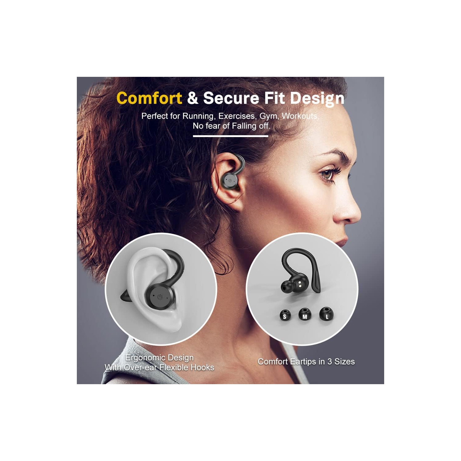 Écouteurs Bluetooth sans fil étanches, casque d'écoute sport Dual Wear, écouteurs bouton stéréo, 20 heures de lecture TWS