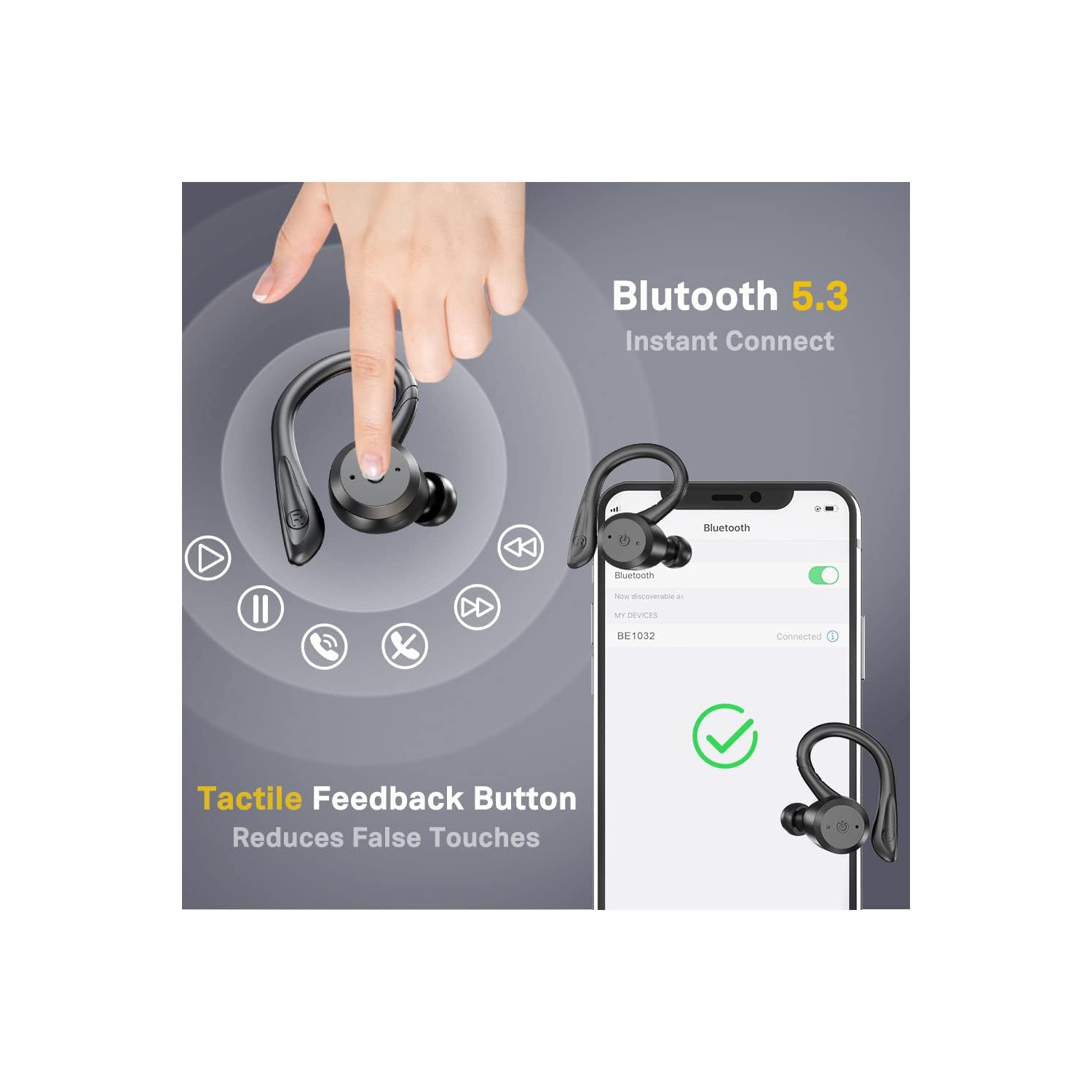 Écouteurs Bluetooth sans fil étanches, casque d'écoute sport Dual Wear, écouteurs bouton stéréo, 20 heures de lecture TWS