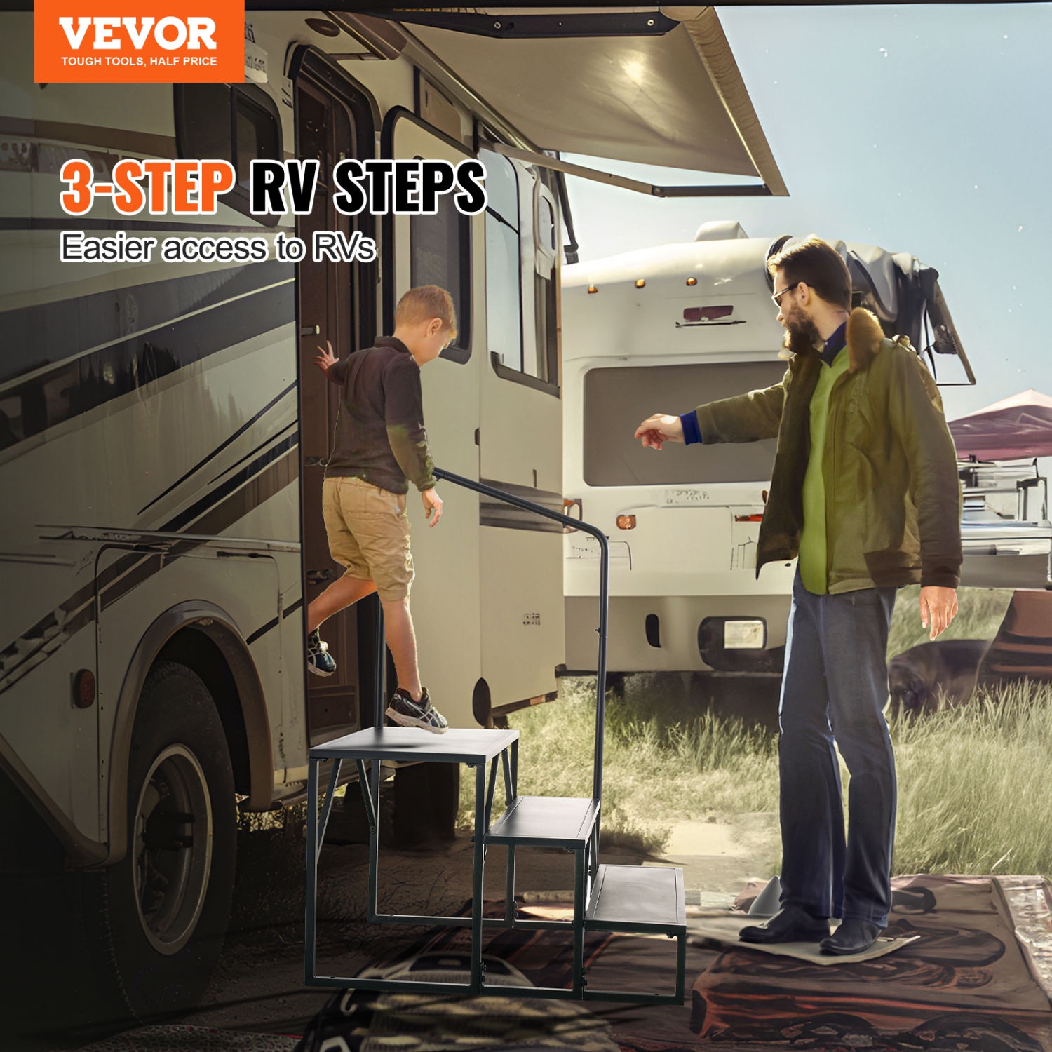 VEVOR 3-Step RV Stairs, RV Steps, 440 LBS Load Capacity, Thickened Carbon Steel, With Handrail, Non-Slip Steps for Safe Entry and Exit, Suit for RV,