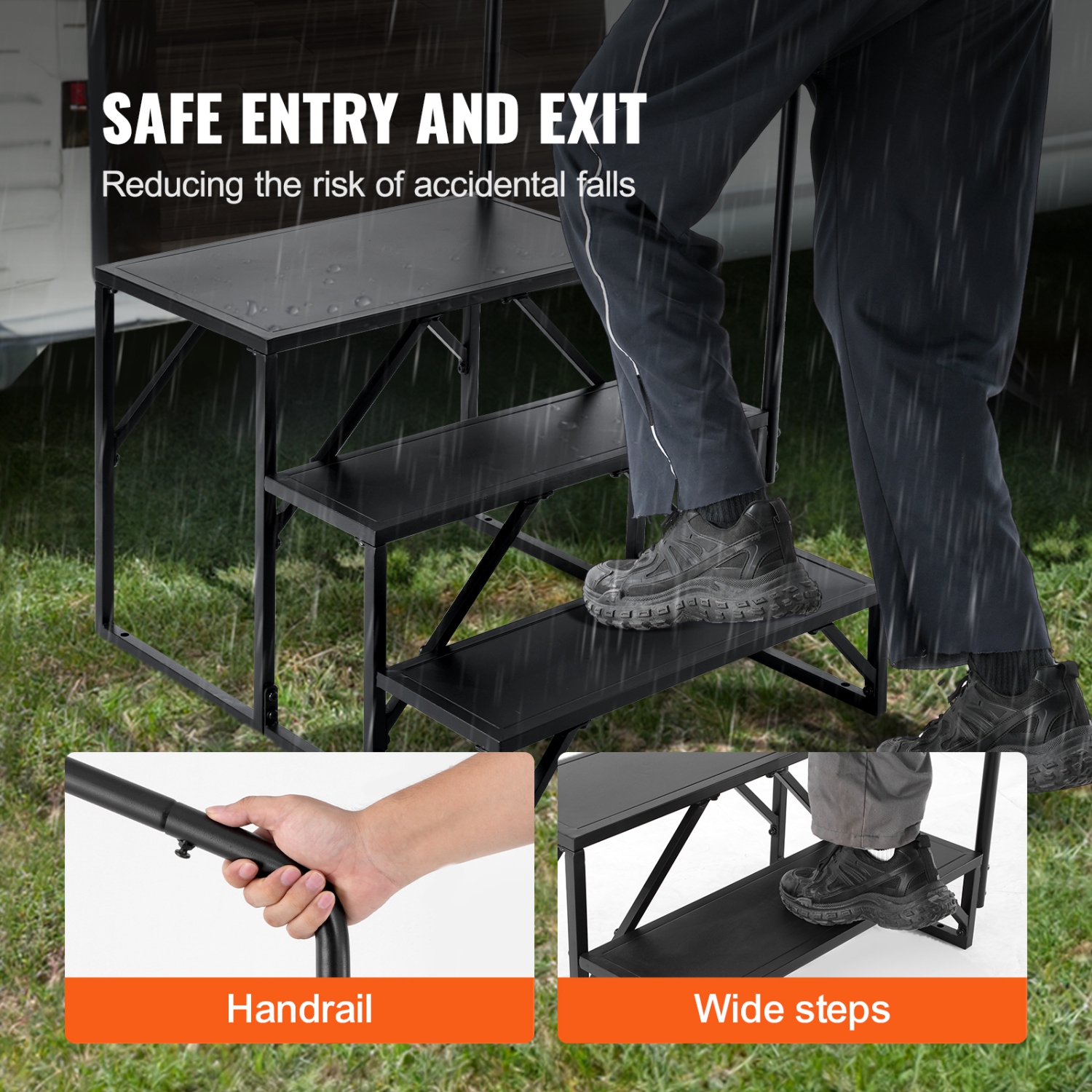 VEVOR 3-Step RV Stairs, RV Steps, 440 LBS Load Capacity, Thickened Carbon Steel, With Handrail, Non-Slip Steps for Safe Entry and Exit, Suit for RV,