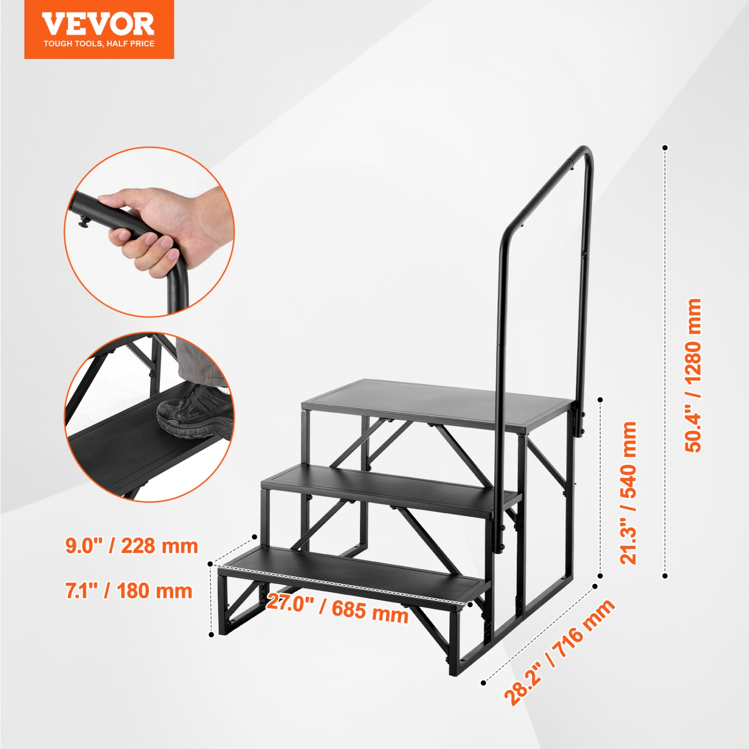 VEVOR 3-Step RV Stairs, RV Steps, 440 LBS Load Capacity, Thickened Carbon Steel, With Handrail, Non-Slip Steps for Safe Entry and Exit, Suit for RV,