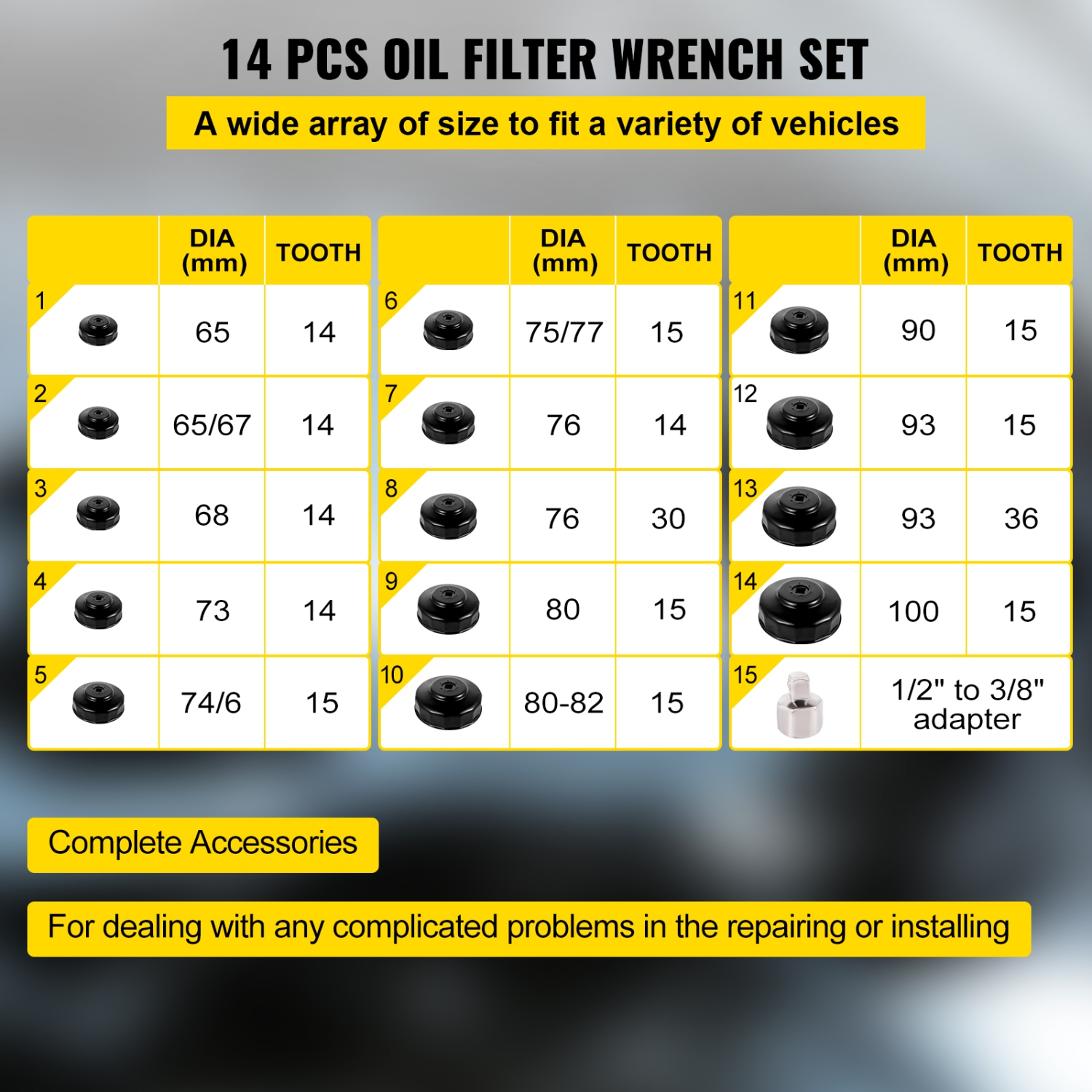 VEVOR 14 Pcs Oil Filter Socket Set, Oil Filter Wrench Set, Steel Oil Filter Socket, 3/8" Oil Filter Socket, Low Profile Oil Filter Socket Set, Oil