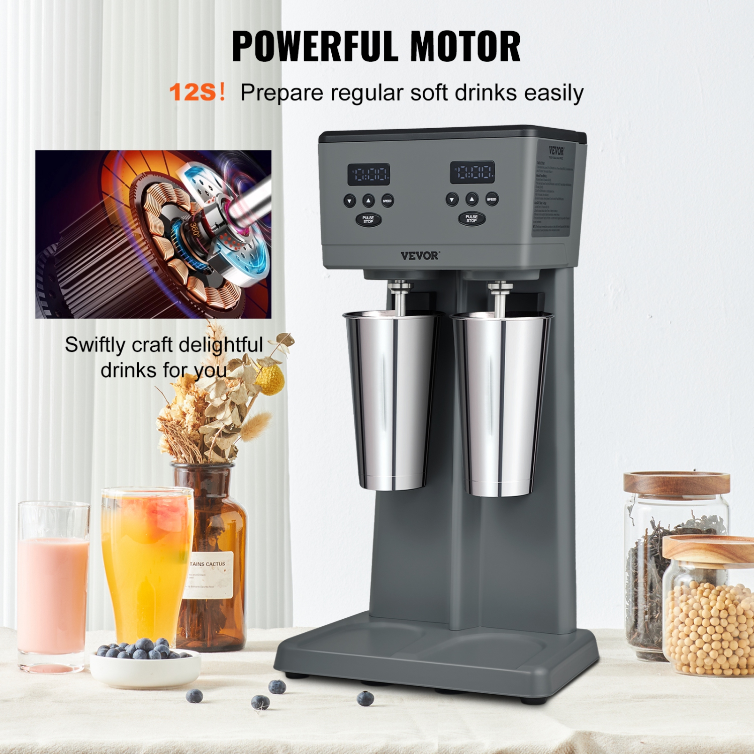 VEVOR 375W x 2 Milkshake Maker, Electric Milkshake Machine, Commercial Double Heads Drink Mixer Blender, LED Intelligent Microswitch, 3-Speed