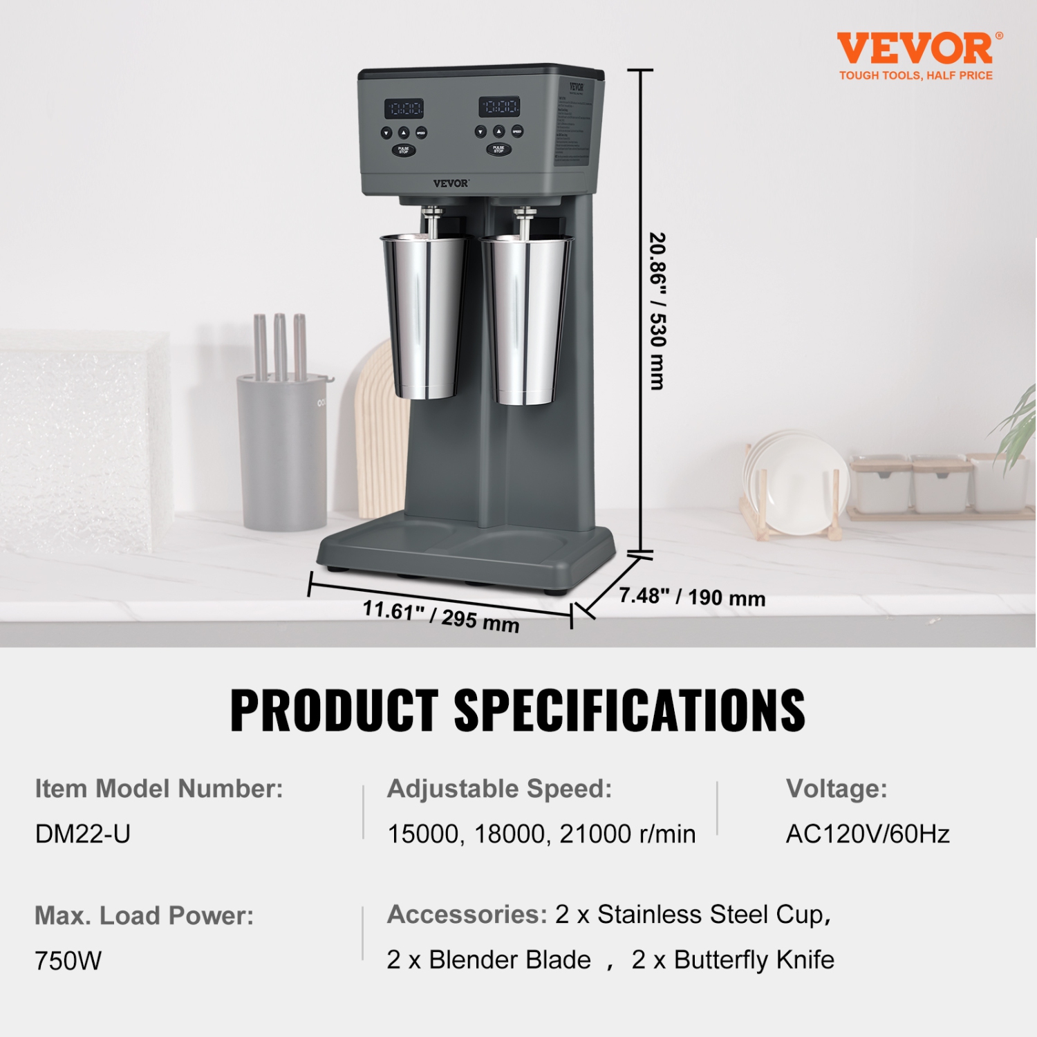 VEVOR 375W x 2 Milkshake Maker, Electric Milkshake Machine, Commercial Double Heads Drink Mixer Blender, LED Intelligent Microswitch, 3-Speed