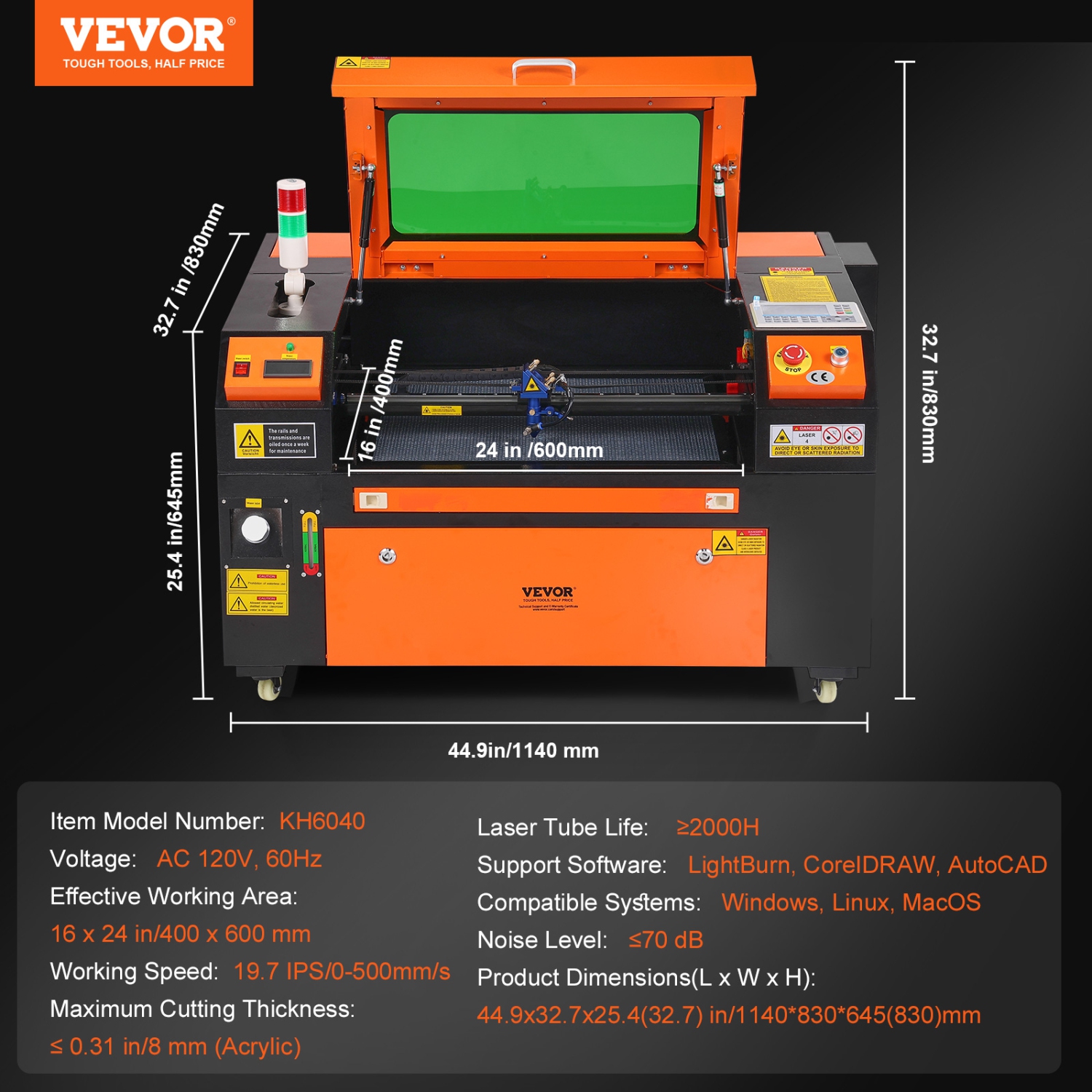 Graveur laser au CO2 VEVOR de 16 x 24&nbsp;po 60&nbsp;W, machine à découper laser 19,7 IPS avec assistance à l'air passe-2 voies, compatible avec