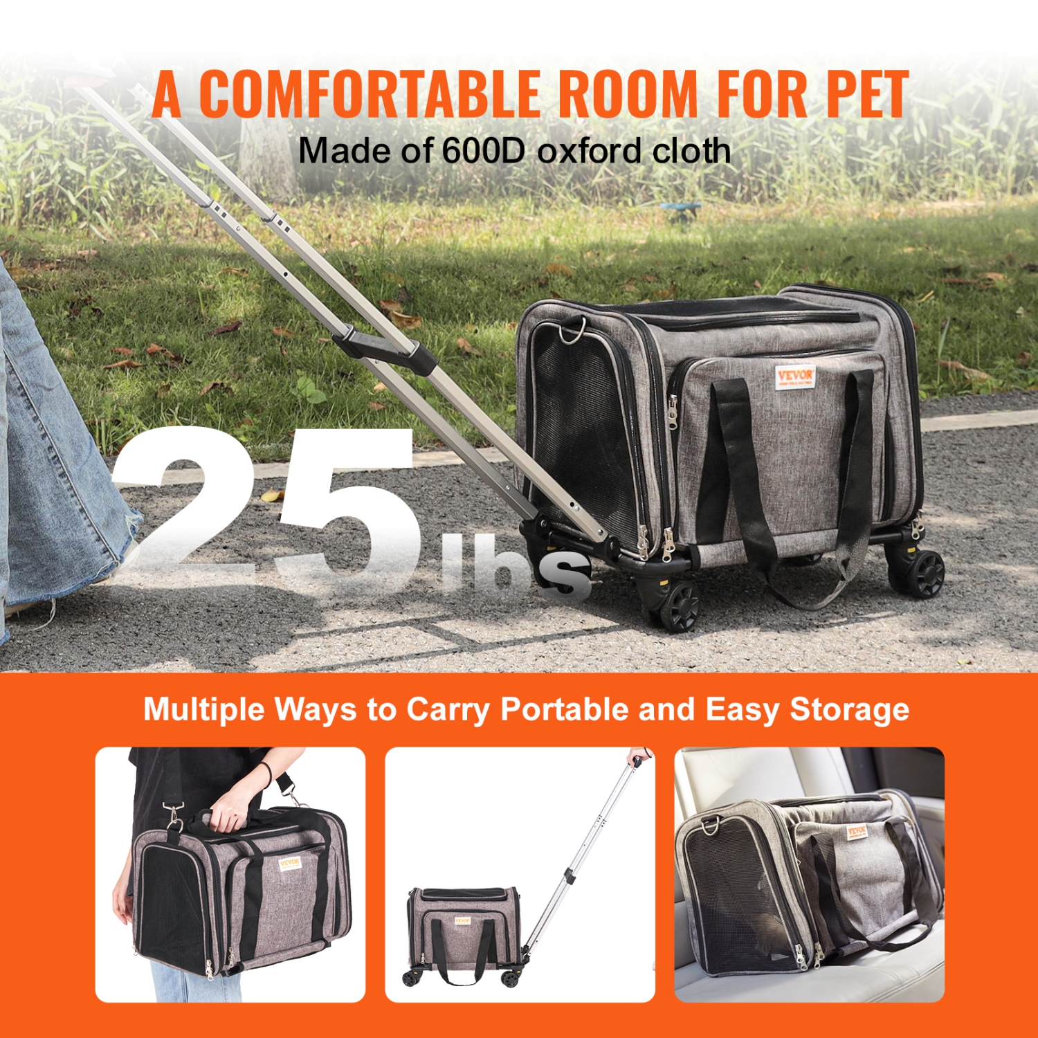 VEVOR 25 lbs Cat Carrier with Wheels, Airline Approved Rolling Pet Carrier with Telescopic Handle and Shoulder Strap, Dog Carrier with Wheels for