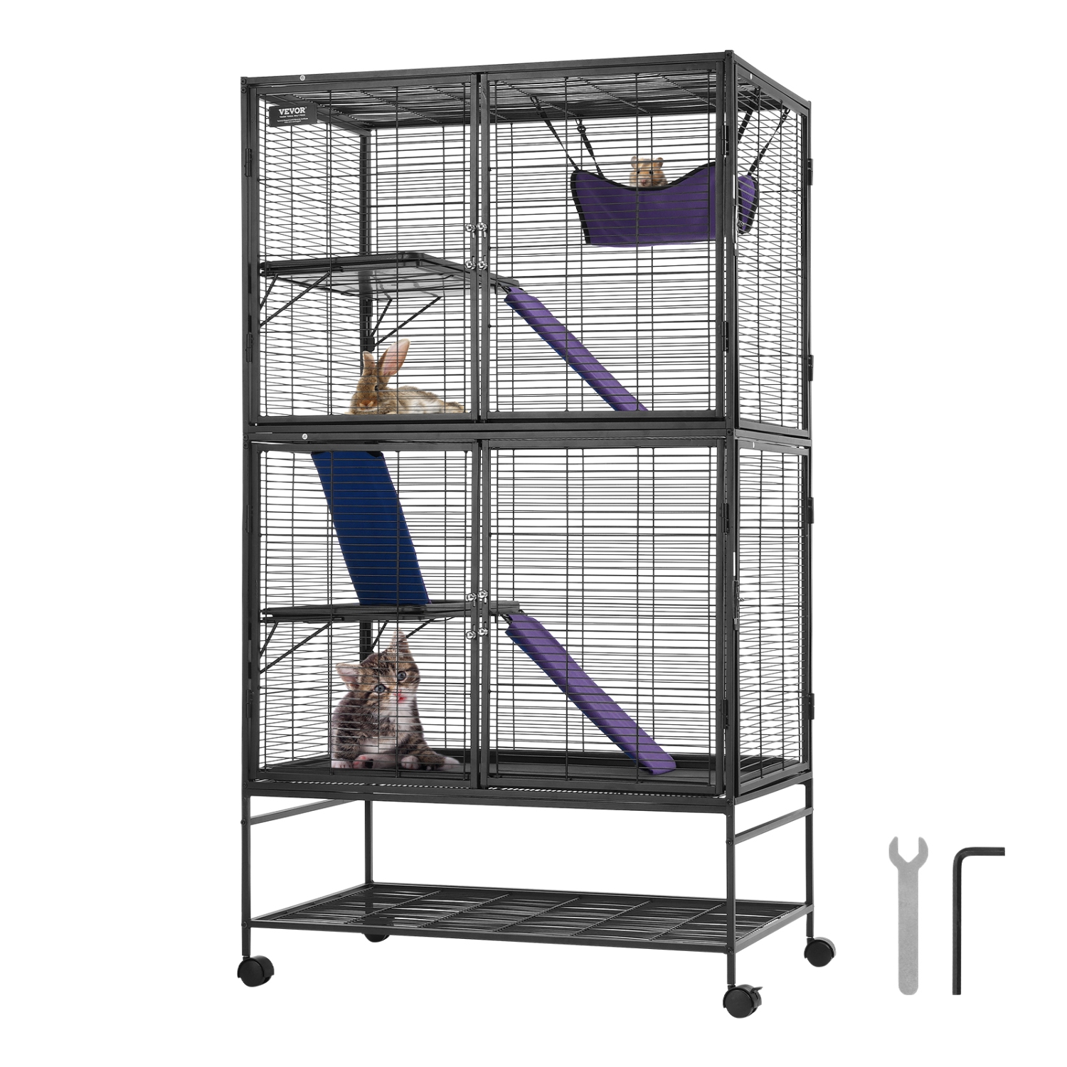 VEVOR 64.6" Rolling Metal Ferret Cage, Large 4-Tier Critter Nation Cage, Small Animal Cage with Ramps & Tray, Easy to Set up for Pet Rats, Hamster,