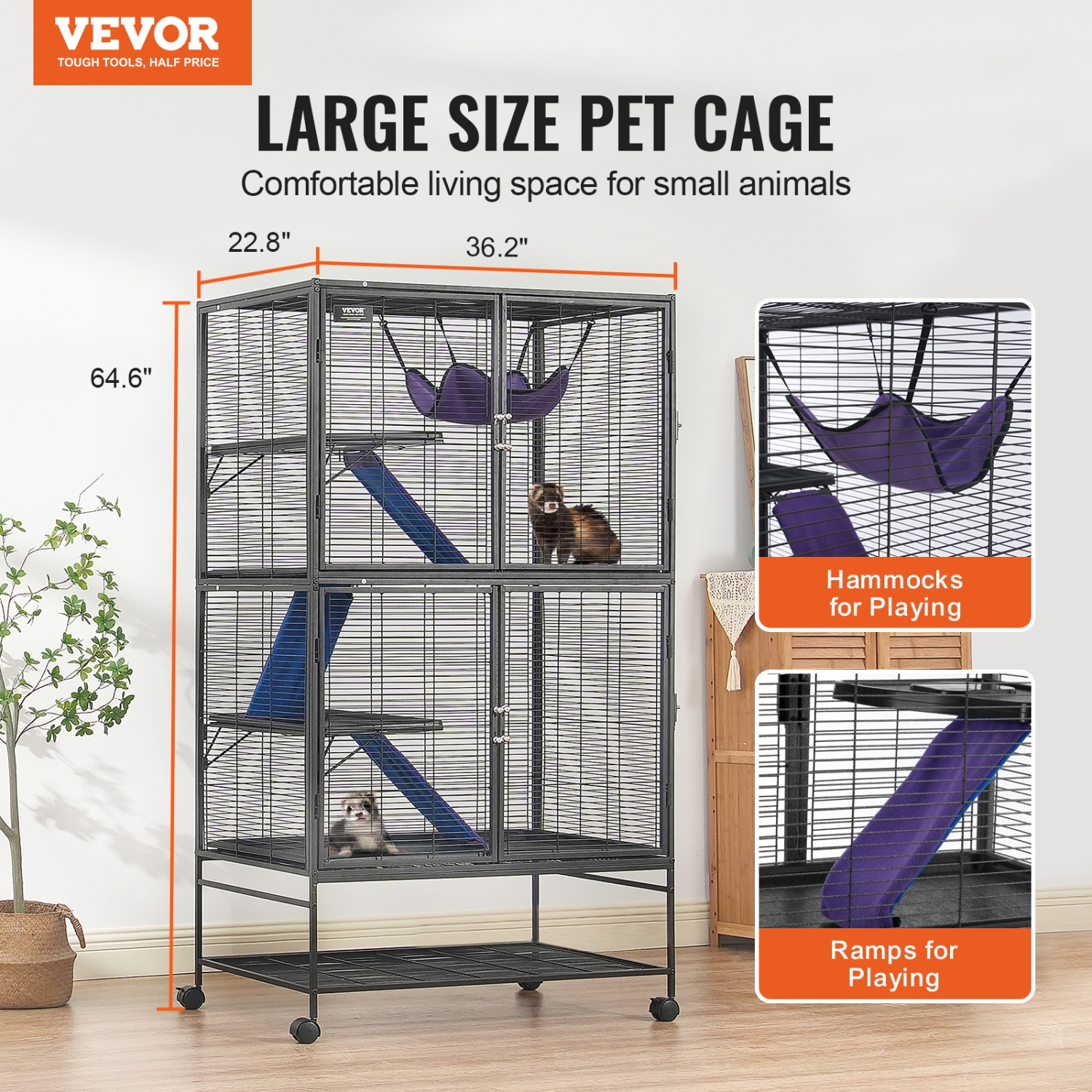 VEVOR 64.6" Rolling Metal Ferret Cage, Large 4-Tier Critter Nation Cage, Small Animal Cage with Ramps & Tray, Easy to Set up for Pet Rats, Hamster,
