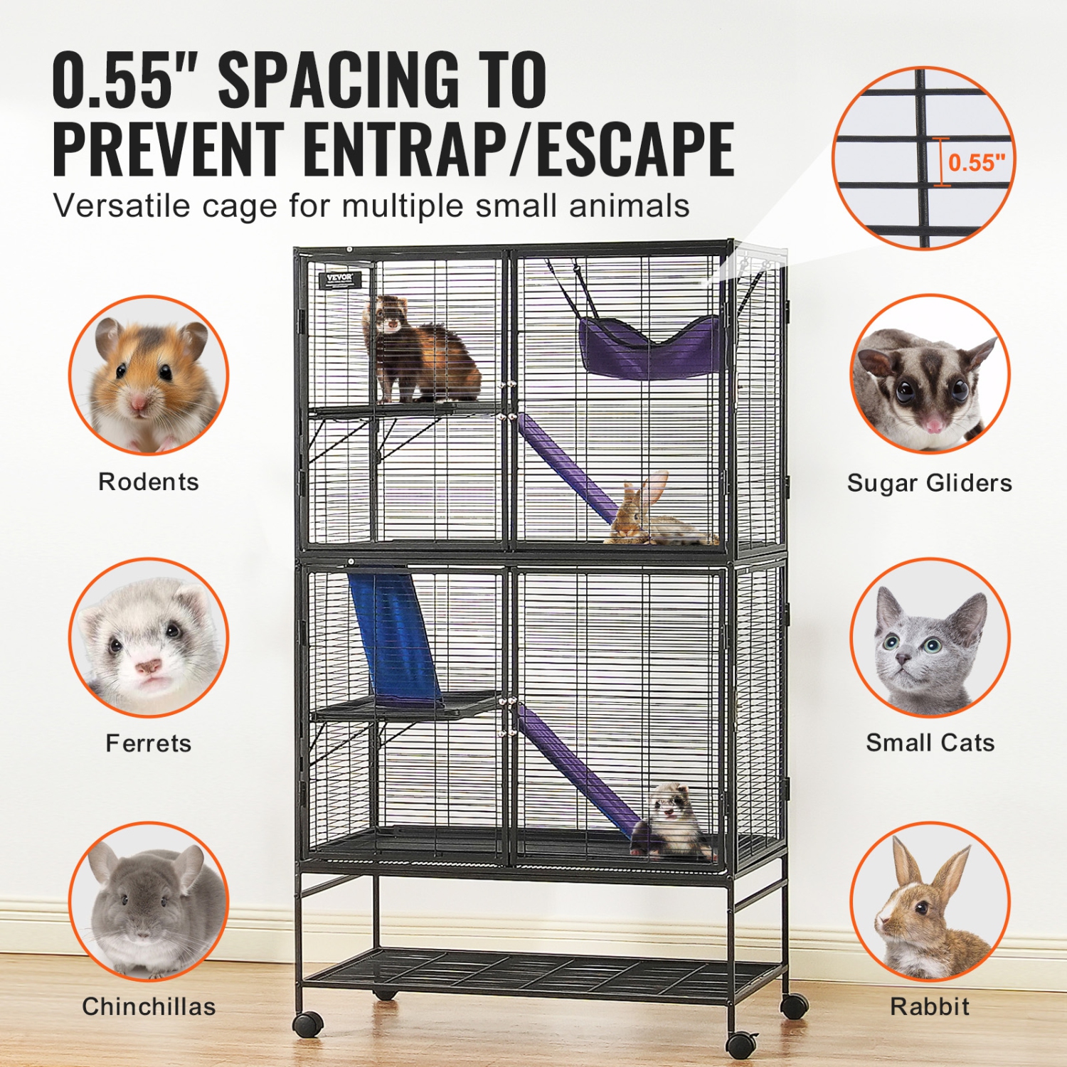 VEVOR 64.6" Rolling Metal Ferret Cage, Large 4-Tier Critter Nation Cage, Small Animal Cage with Ramps & Tray, Easy to Set up for Pet Rats, Hamster,