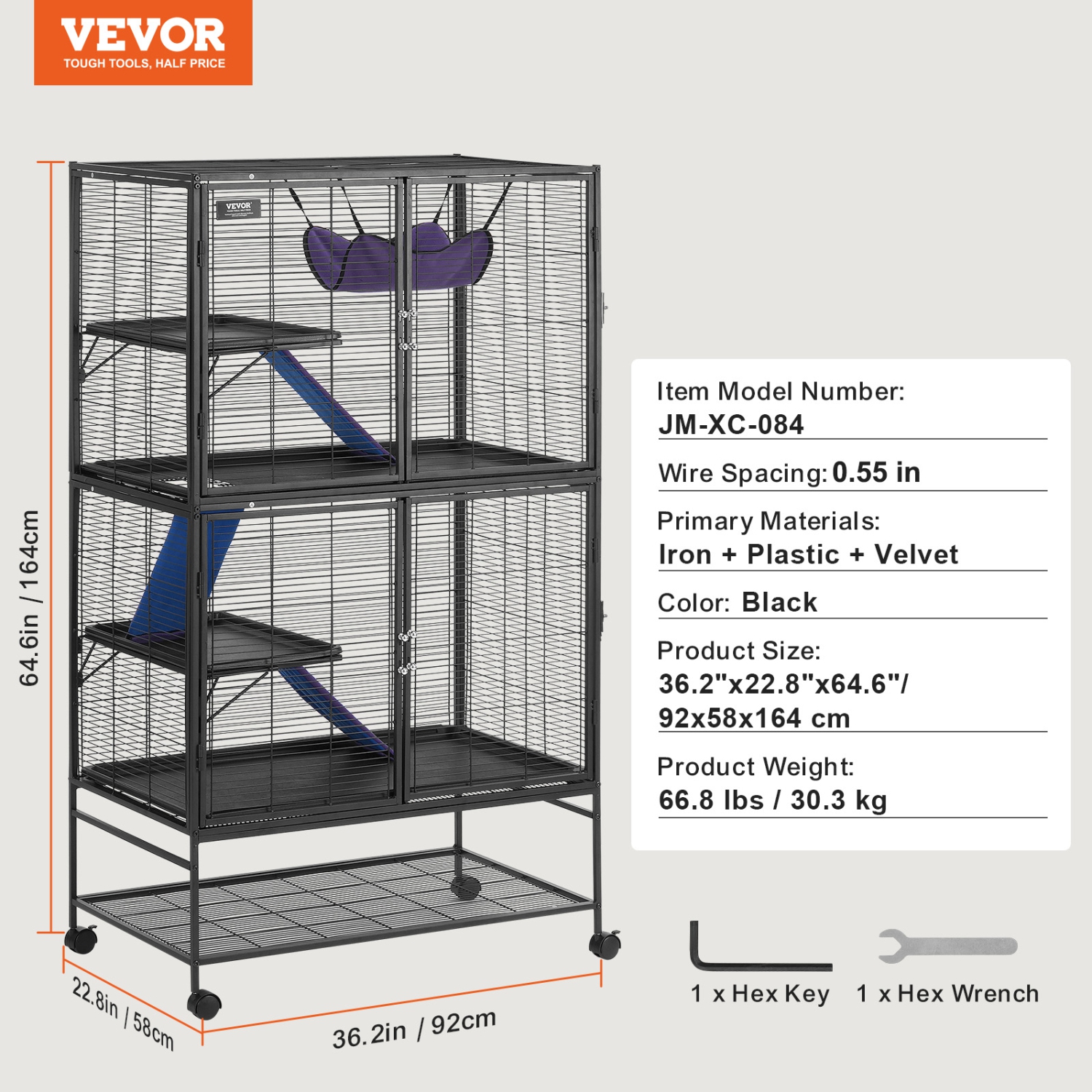VEVOR 64.6" Rolling Metal Ferret Cage, Large 4-Tier Critter Nation Cage, Small Animal Cage with Ramps & Tray, Easy to Set up for Pet Rats, Hamster,