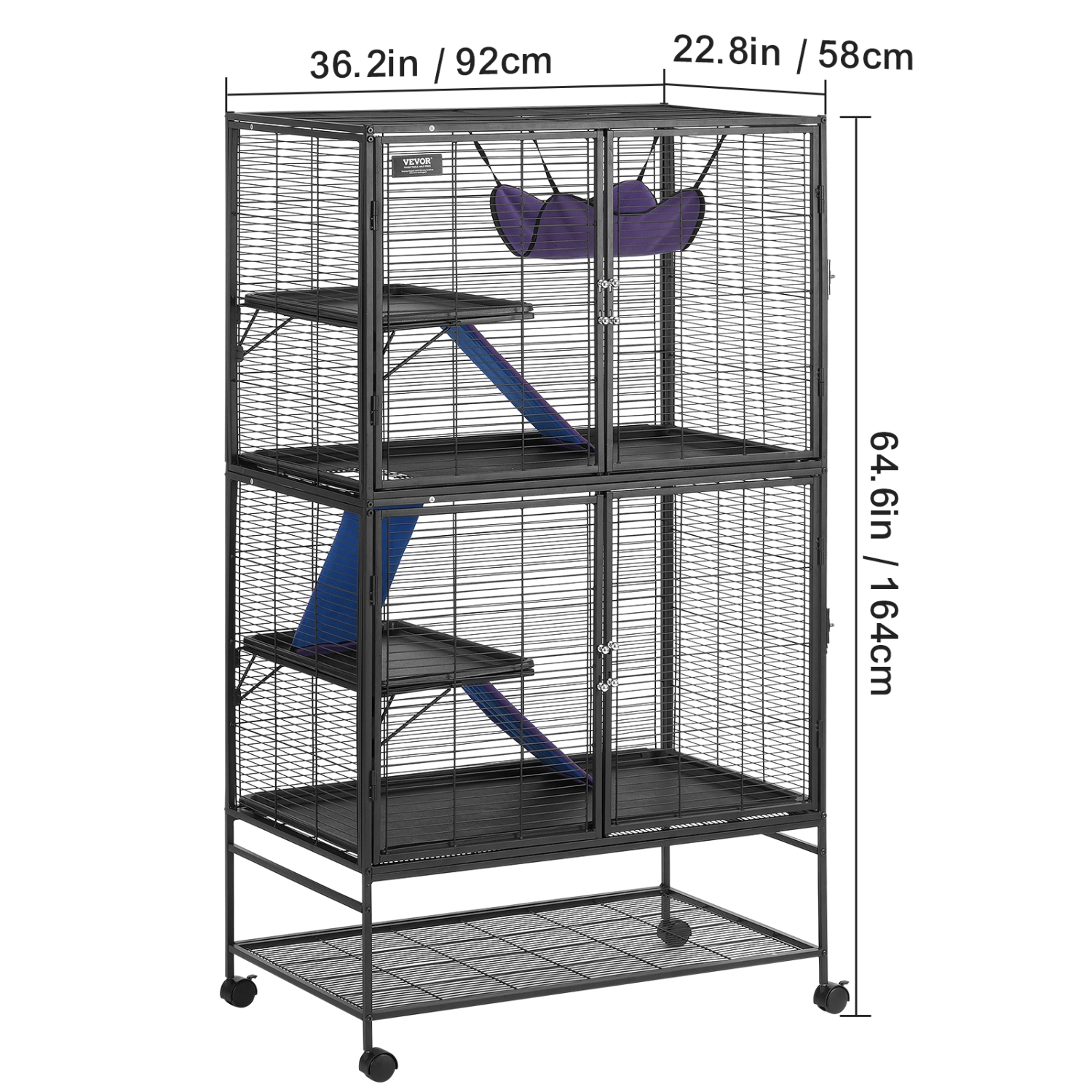 VEVOR 64.6" Rolling Metal Ferret Cage, Large 4-Tier Critter Nation Cage, Small Animal Cage with Ramps & Tray, Easy to Set up for Pet Rats, Hamster,