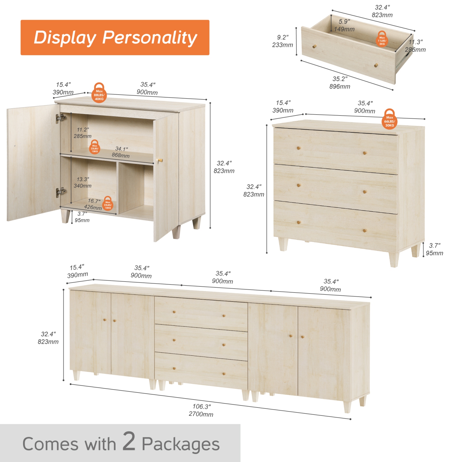 WAMPAT TV Standh for 100+ Inch TVs, 3-in-1 Modern Entertainment Center with 4 Doors and 3 Drawers, 106" Media Console Table with Compartments for