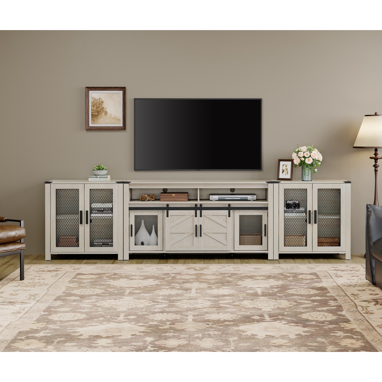 Ensemble de meuble pour téléviseur 100 po de WAMPAT, armoire de rangement à porte avec filet pour le salon, unités de rangement de style